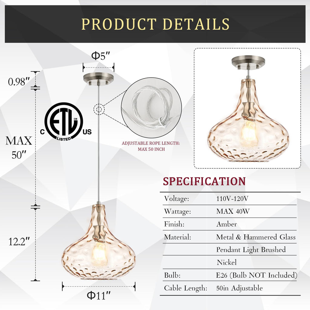 Glass Large Pendant Lights for Kitchen Island Blown Glass Pendant Light Clear Hammered Shade Hanging Ceiling Lights with Black Finish for for Kitchen Island, Sink, Hallway, Living Room 11 inch