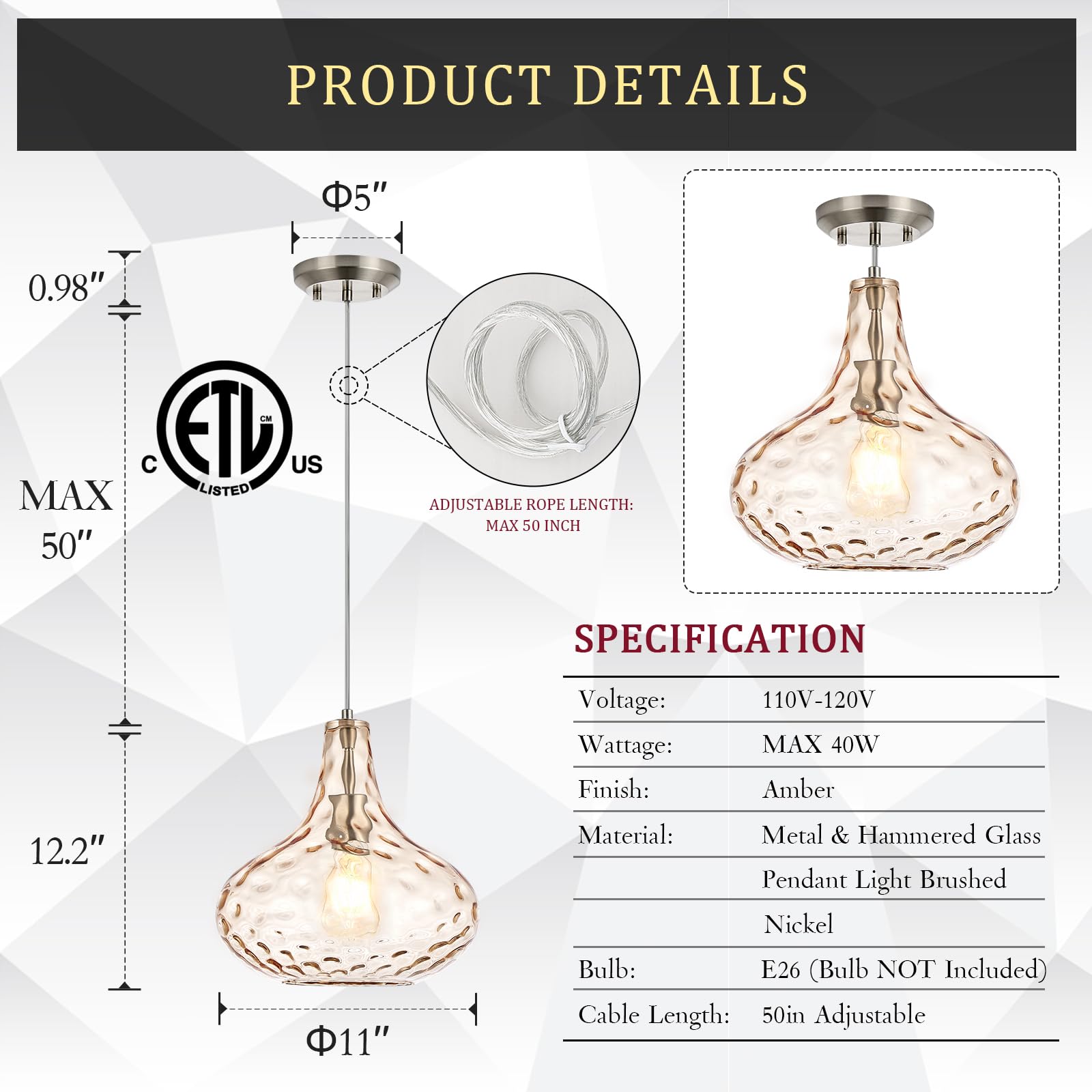Glass Large Pendant Lights for Kitchen Island Blown Glass Pendant Light Clear Hammered Shade Hanging Ceiling Lights with Black Finish for for Kitchen Island, Sink, Hallway, Living Room 11 inch