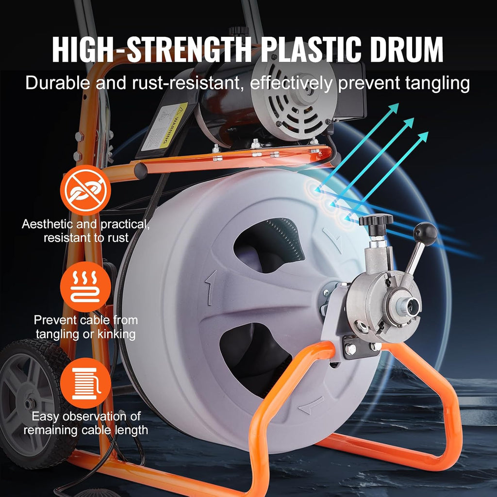 VEVOR Drain Cleaner Machine 75FT x 1/2 Inch, Auto Feed Sewer Snake Drain Auger on Wheels, Portable Drain Cleaning Machine with 8 Cutters & Air-activated Foot Switch for 2" to 4" Pipes