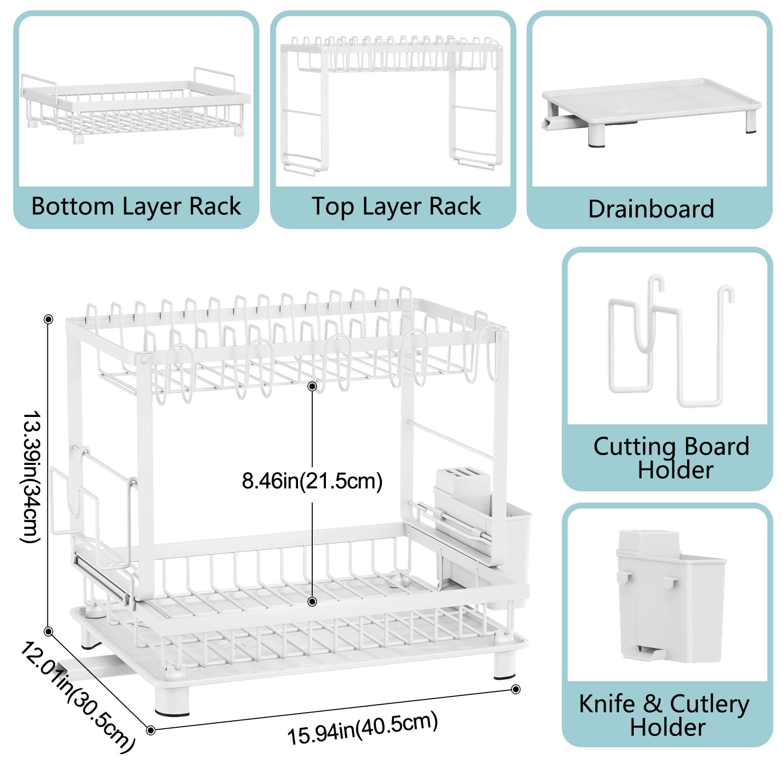 Dish Drying Rack, 2 Tier Space-Saving Dish Rack, Multifunctional Dish Drainer for Kitchen Counter with Drainboard/Utensil/Cup Holder Rustproof Carbon Steel, Black