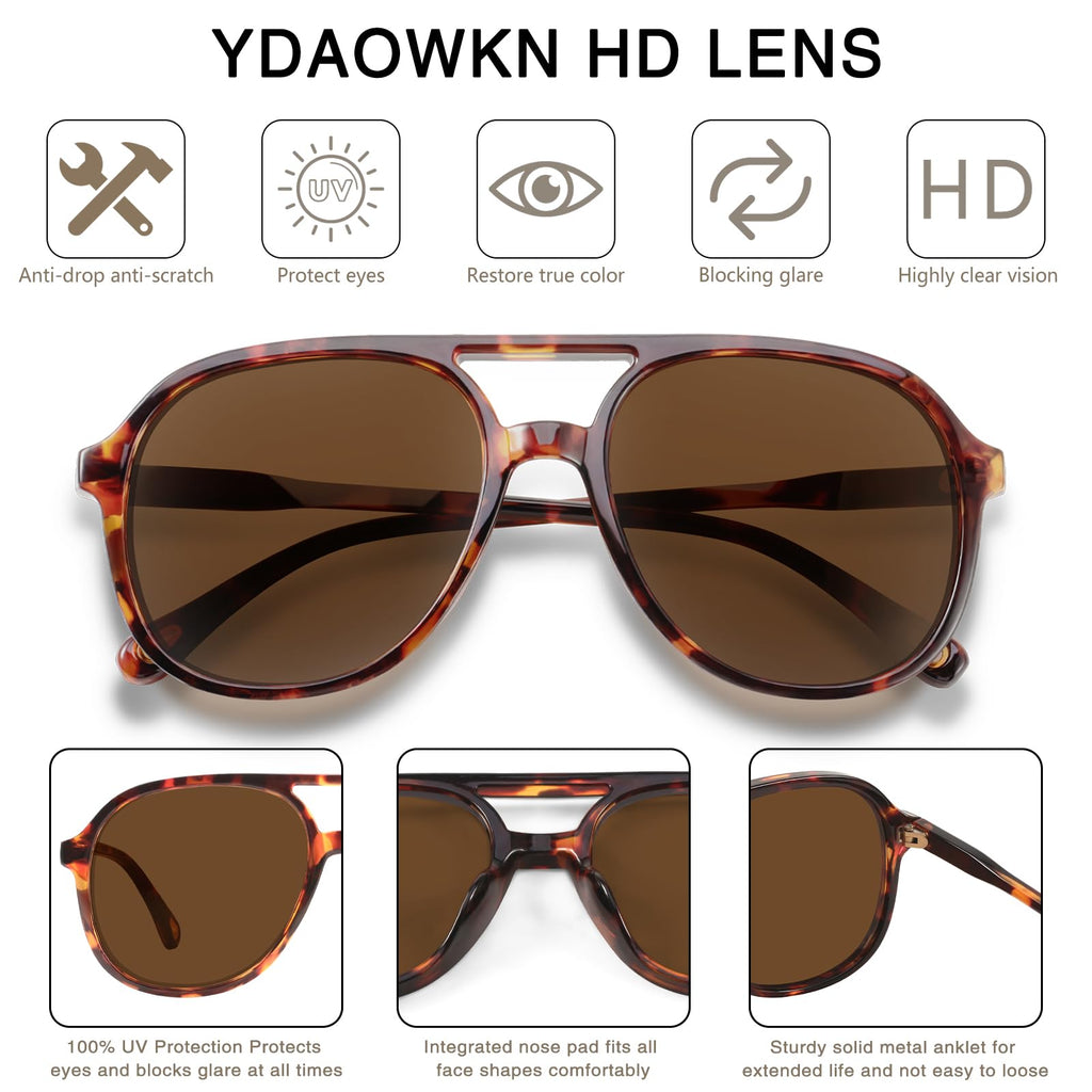 YDAOWKN Retro Square Aviator Sunglasses for Womens Mens Vintage 70s Double Bridge Sun Glasses