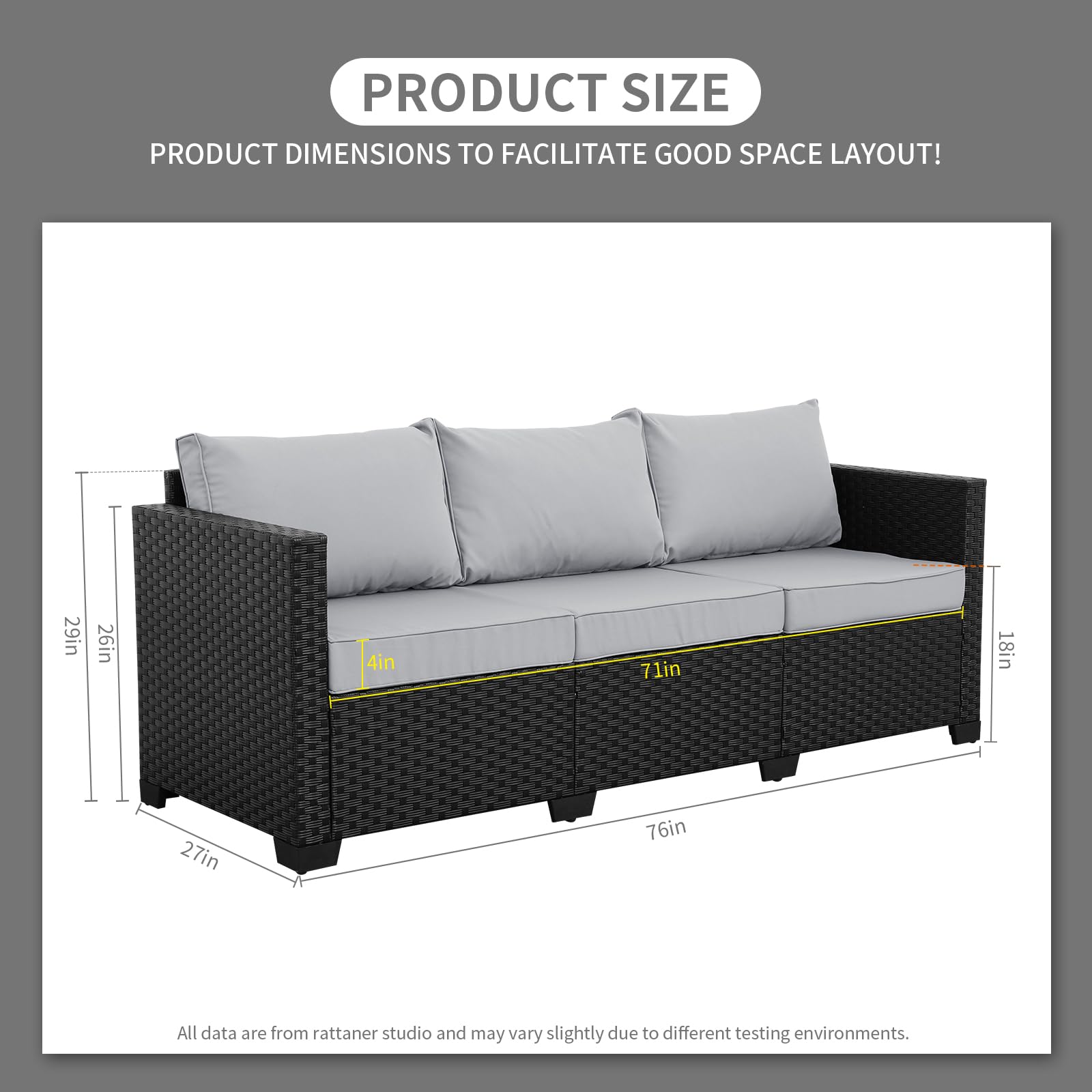 Rattaner Outdoor Furniture Outdoor Couch Patio Furniture 3-seat Sofa Deep Seat High Backrest with Waterproof Cover and Anti-Slip Cushions, Light Grey