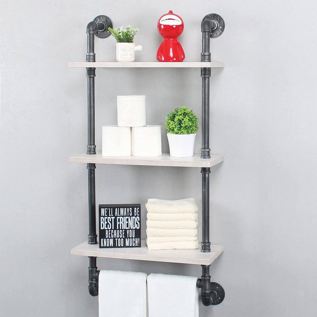 MBQQ Industrial Pipe Shelf Bathroom Shelves Wall Mounted,19.6in Rustic Wood Shelf with Towel Bar,1 Tier Farmhouse Towel Rack,Pipe Shelving Floating Shelves Towel Holder,Black & White