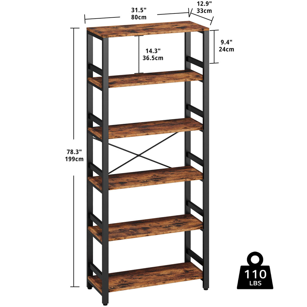 IRONCK Bookshelf, 31.5in Wide Shelf 6 Tier Bookcase, 110lbs/shelf Vintage Industrial Style Bookshelves for Bedroom, Living Room and Home Office, Industrial Brown