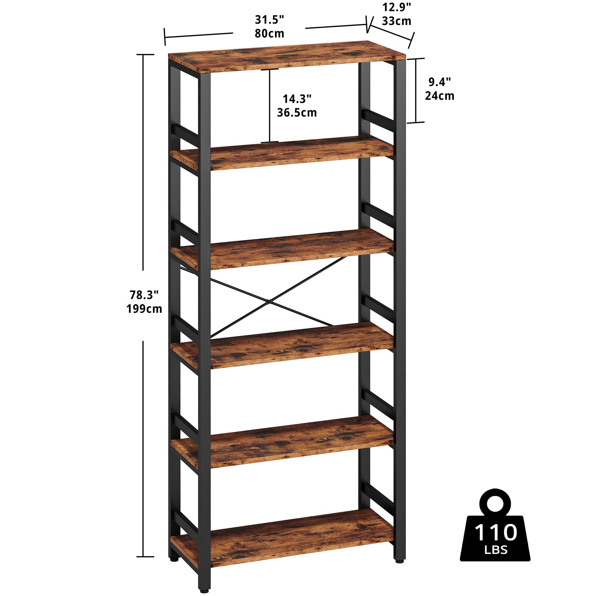 IRONCK Bookshelf, 31.5in Wide Shelf 6 Tier Bookcase, 110lbs/shelf Vintage Industrial Style Bookshelves for Bedroom, Living Room and Home Office, Industrial Brown
