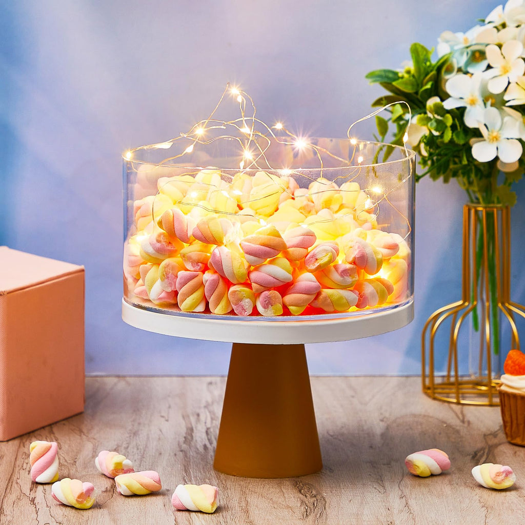 Sunnyray 2 Pcs Acrylic Cake Stands for Dessert Table Clear Fillable Cake Riser Cupcake Tier with LED Strings for Birthday Wedding Holiday Party Display(6'', 8'')