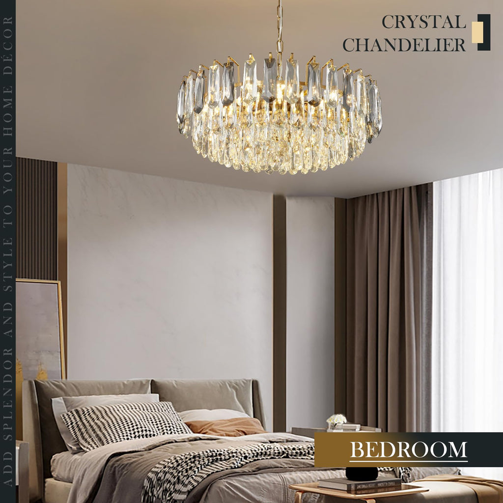 23.6" Modern Crystal Chandelier with Grey Crystal Gold 3-Tier Luxury Pendant Light 12-Light Ceiling Pendant Lighting for Dinning Room Living Room Foyer