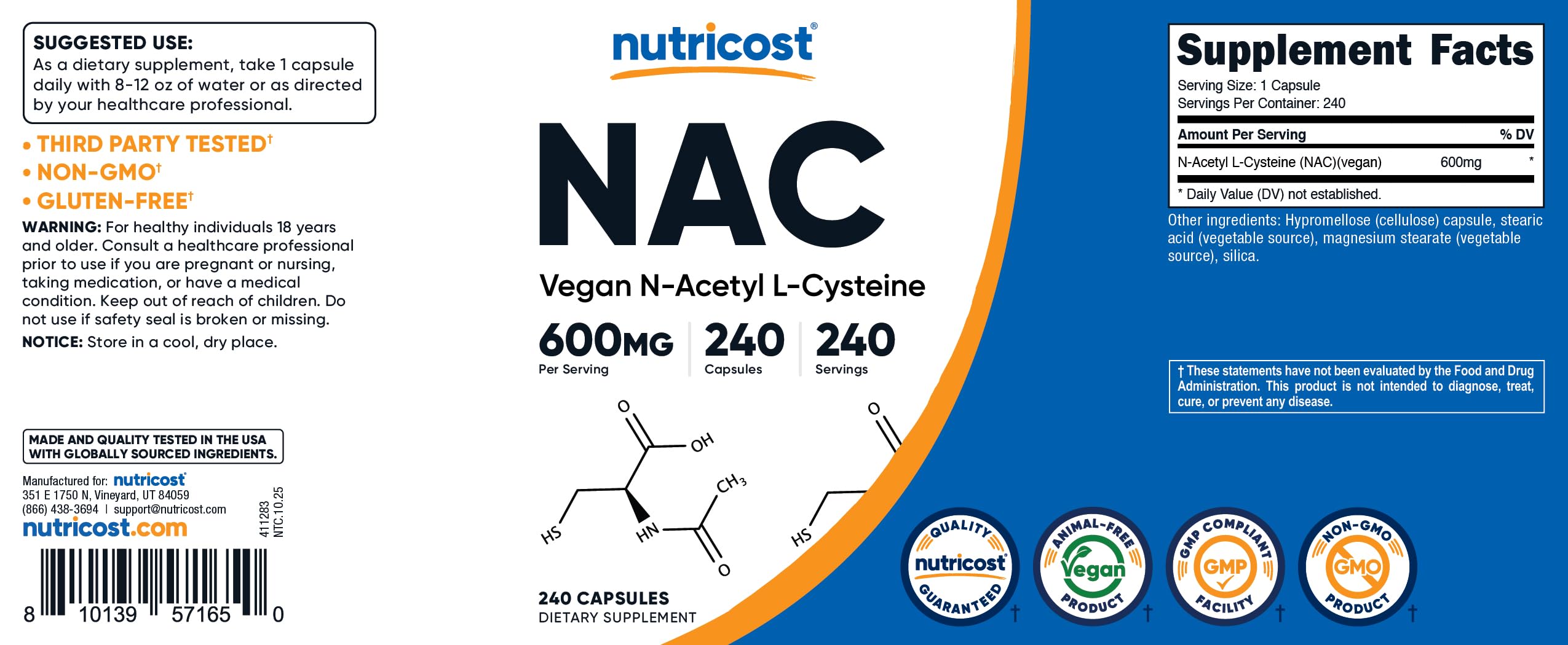 Nutricost N-Acetyl L-Cysteine (NAC) 600mg, 30 Vegan Capsules - GMO Free, Gluten Free, Vegetarian Caps