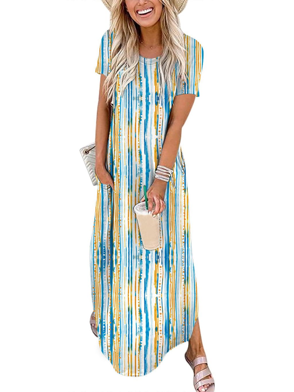 ANRABESS Womens Summer Maxi Dress Short Sleeve Casual Loose Long T Shirt Dresses Split Vacation Beach Sundress Travel Outfits