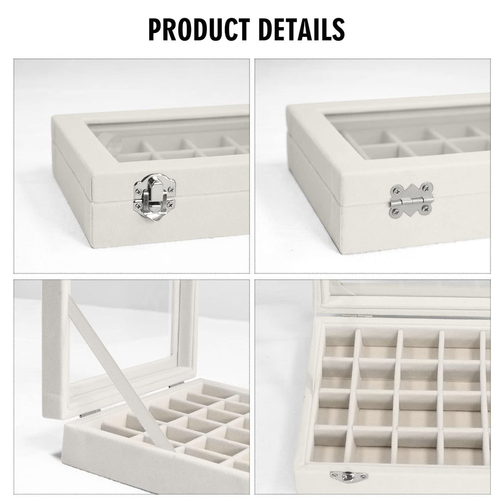 Vicoter Velvet Jewelry Box 24 Grid Jewelry Ring Display Organiser Box Tray Holder Earrings Storage Case for Girls Wife Mom Women (Beige)