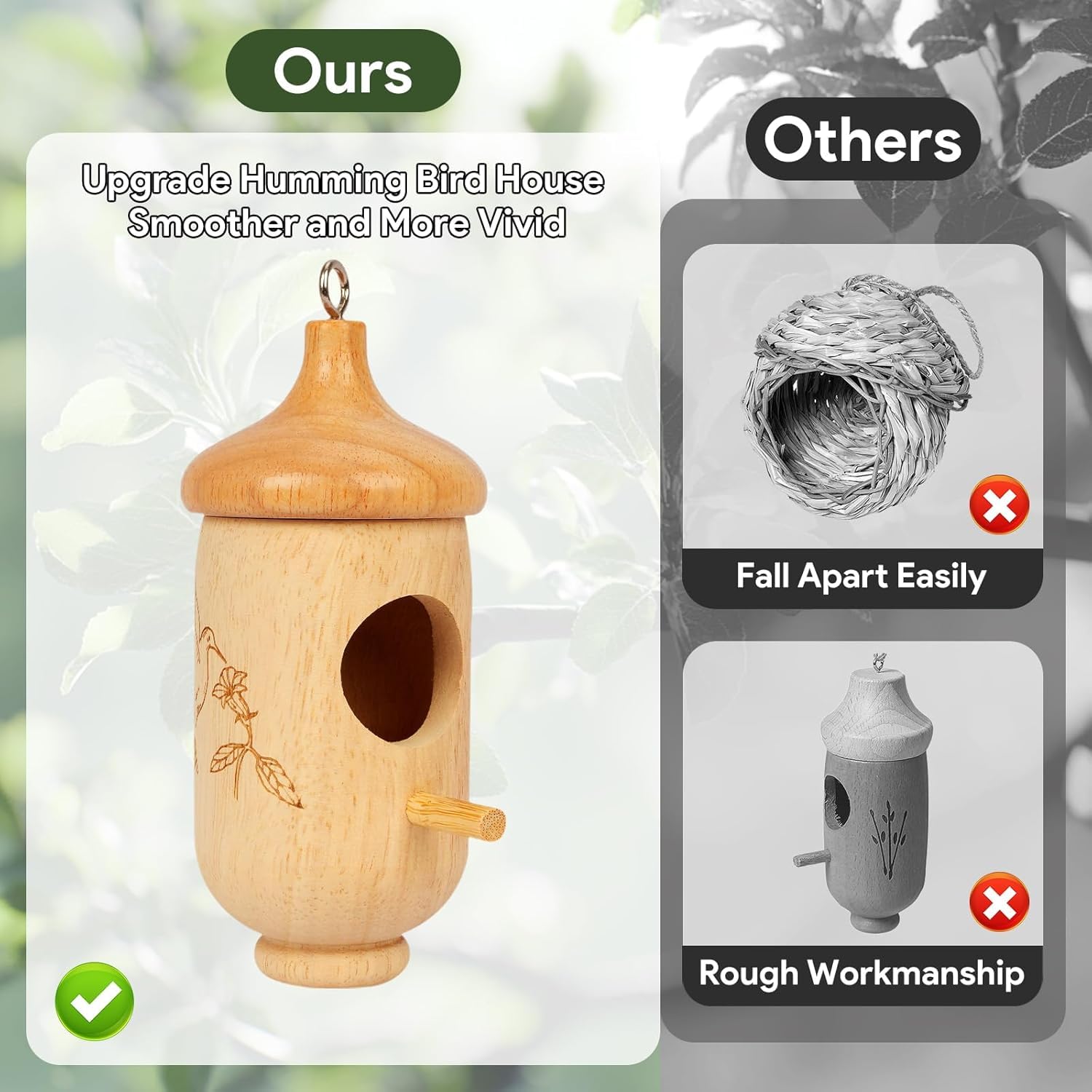 Hummingbird House, Small Hummingbird Houses for Outside, Wooden Bird House with Bow, String, Cute Gardening Gifts Home Decoration