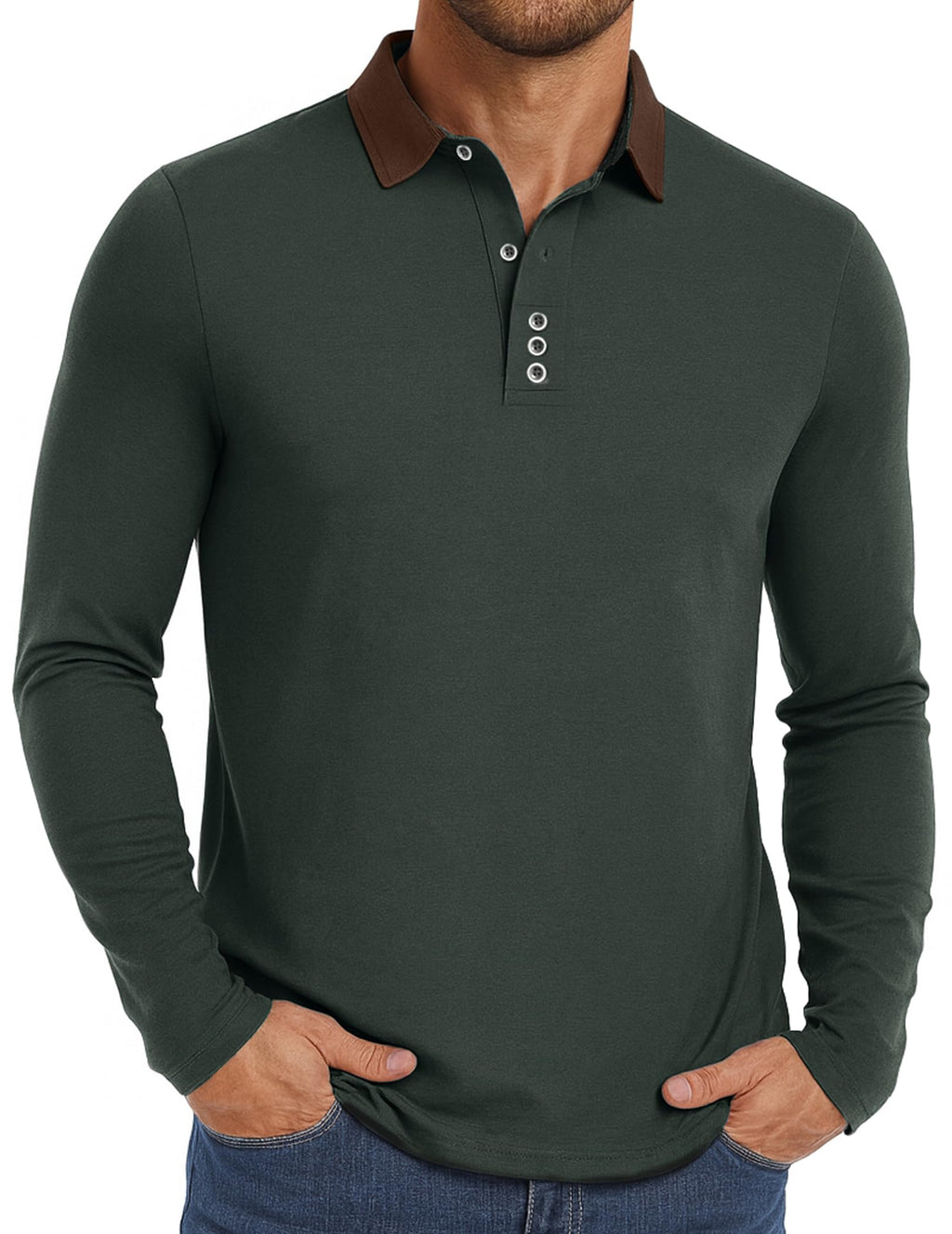 PEGENO Mens Polo Short/Long Sleeve Shirt Classic Button Basic Solid Color Designed Collared Polo Shirt Fashion Casual Shirts