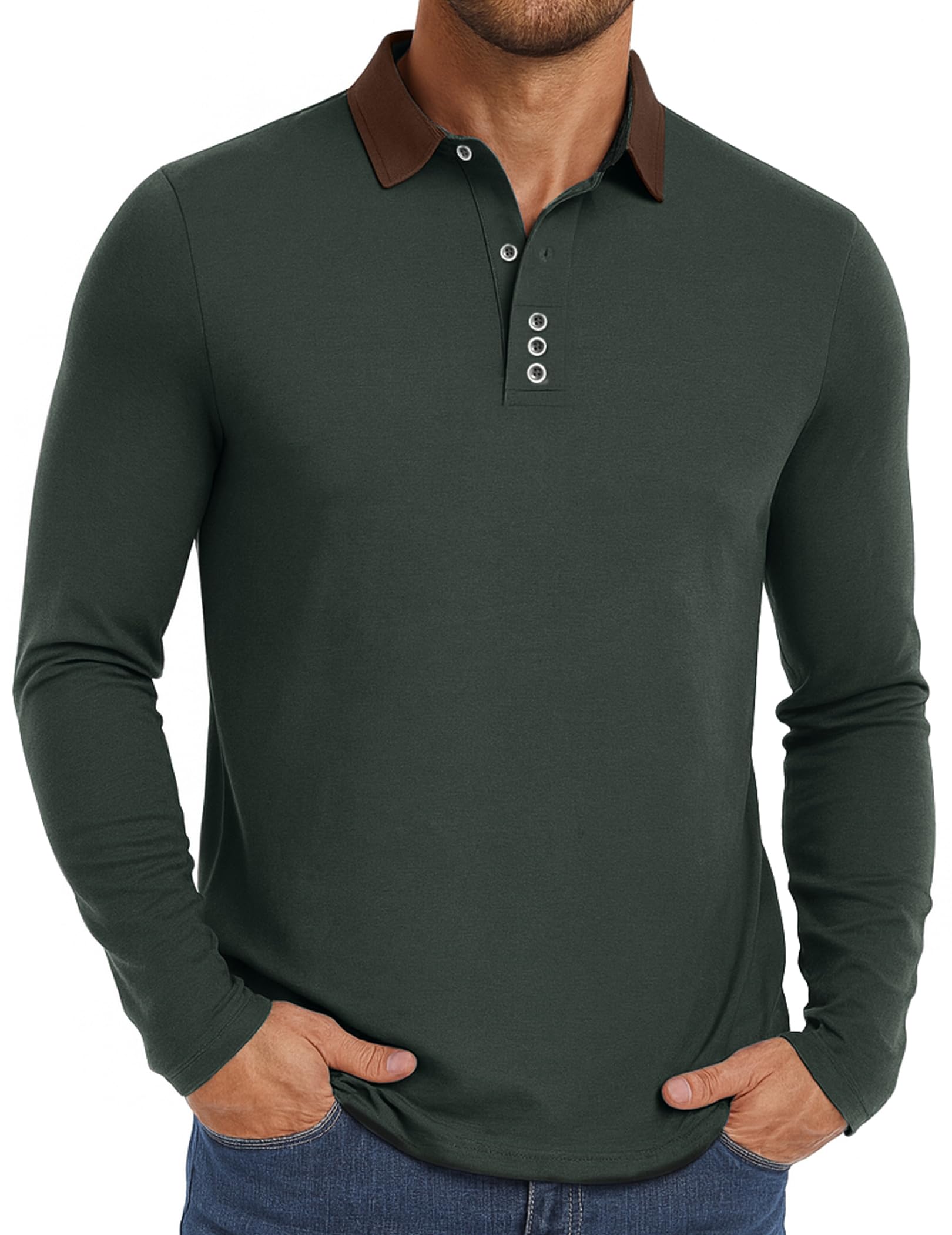 PEGENO Mens Polo Short/Long Sleeve Shirt Classic Button Basic Solid Color Designed Collared Polo Shirt Fashion Casual Shirts