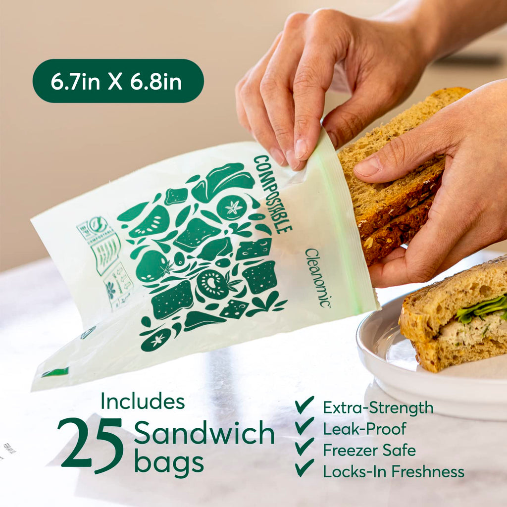 Cleanomic Compostable* Snack Size Food Storage Bags (50 Eco Zip) Freezer and Leak Proof, Also Available Gallon, Quart and Sandwich Size Bags