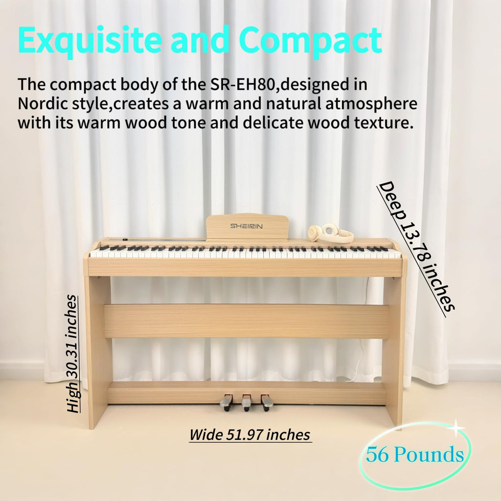 Digital Piano Hammer Action Keyboard 88 Keys Upright Acoustic Electric Weighted Piano Beginner MIDI Cover Full Size Sustain Pedal Stand Real Professional SR-FH80 (Beige Full Cover)