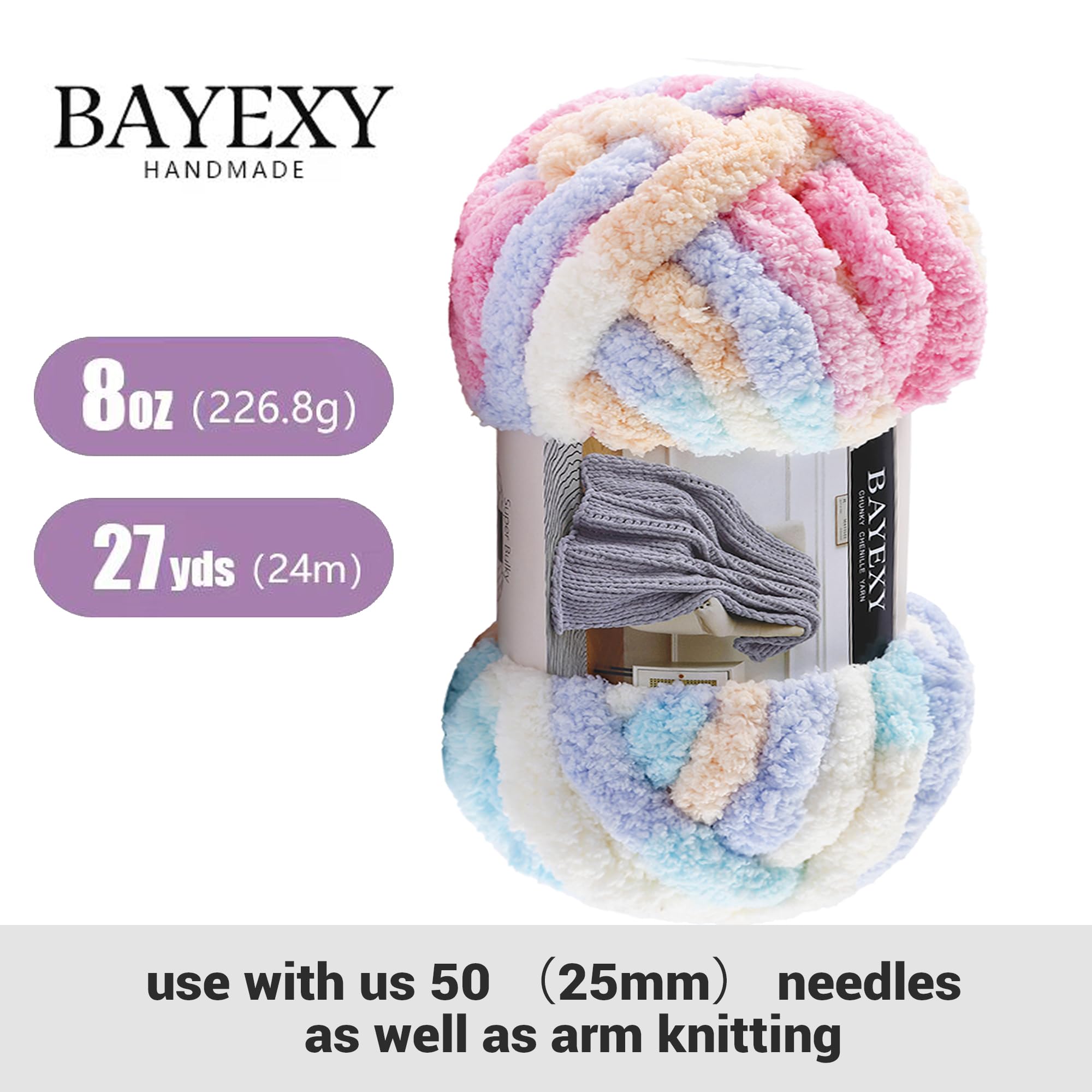 Chunky Chenille Yarn for Hand Knitting 8 Jumbo Pack Jumbo Chunky Yarn for Hand Soft Blanket Knitting, Bulky Thick Fluffy Yarn for Crocheting (Black)