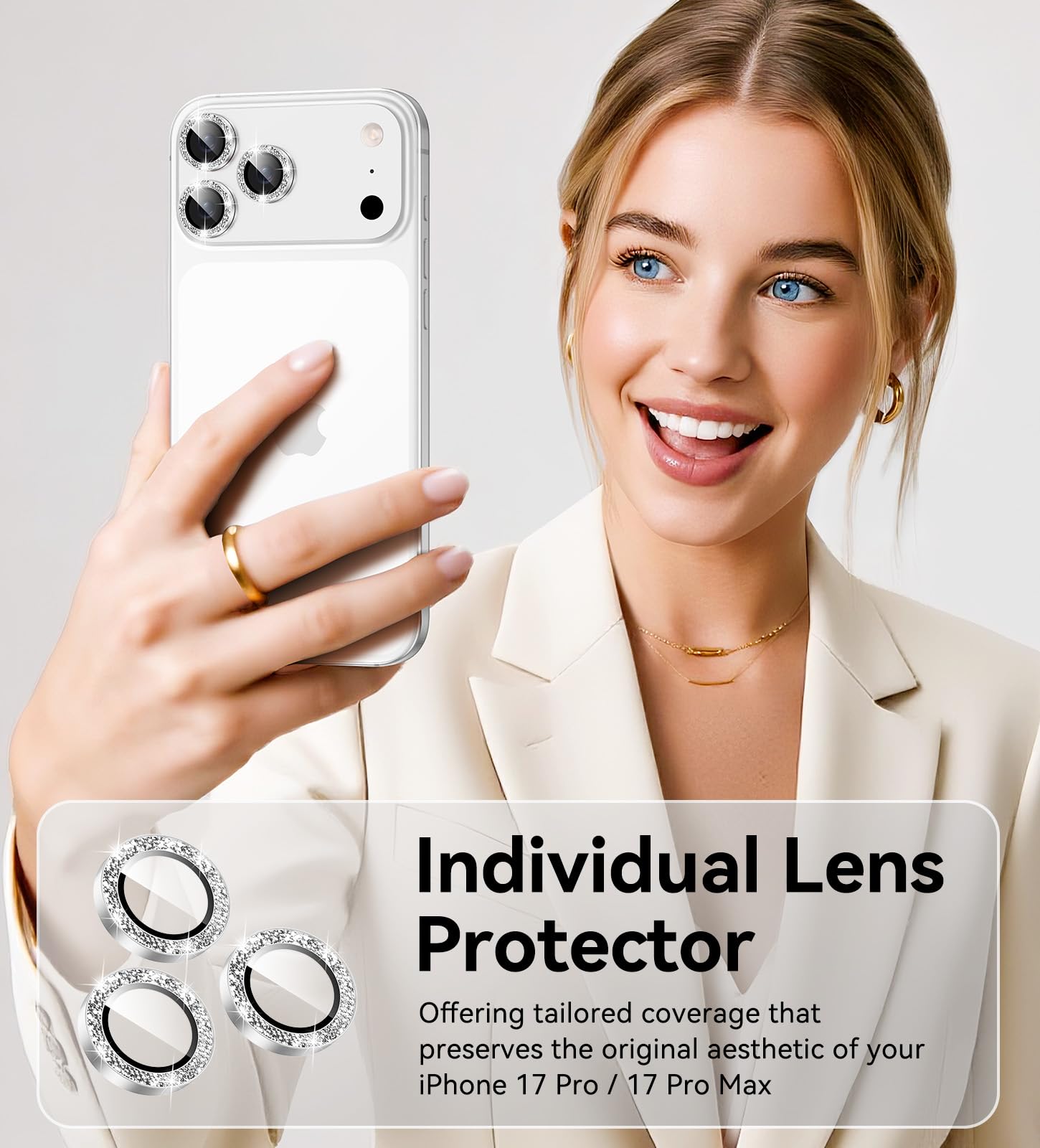 Matekxy Glitter Camera-Lens Protector for iPhone-16 Pro-Max - 16 Pro Anti-Scratch Tempered Glass with Aluminum Edging, Cute Girly Metal Individual Bling Ring Cover for Women, Black Titanium