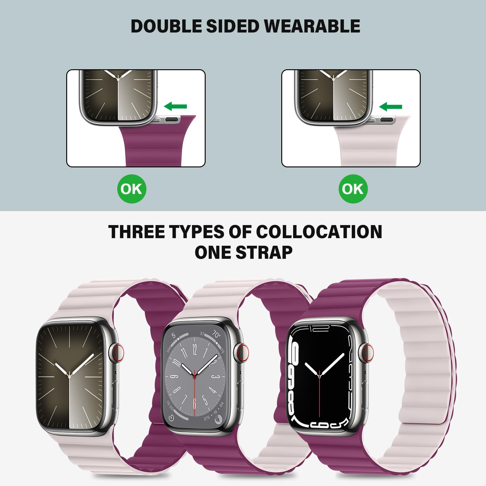 Bisikor Compatible with Apple Watch Band 49 46 45 44 42 41 40 38mm, Double Sided Wearable Silicone Magnetic Strap for iWatch Ultra SE Series 11 10 9 8 7 6 5 4 3 2 1 (38/40/41/42, Beige/Gray)