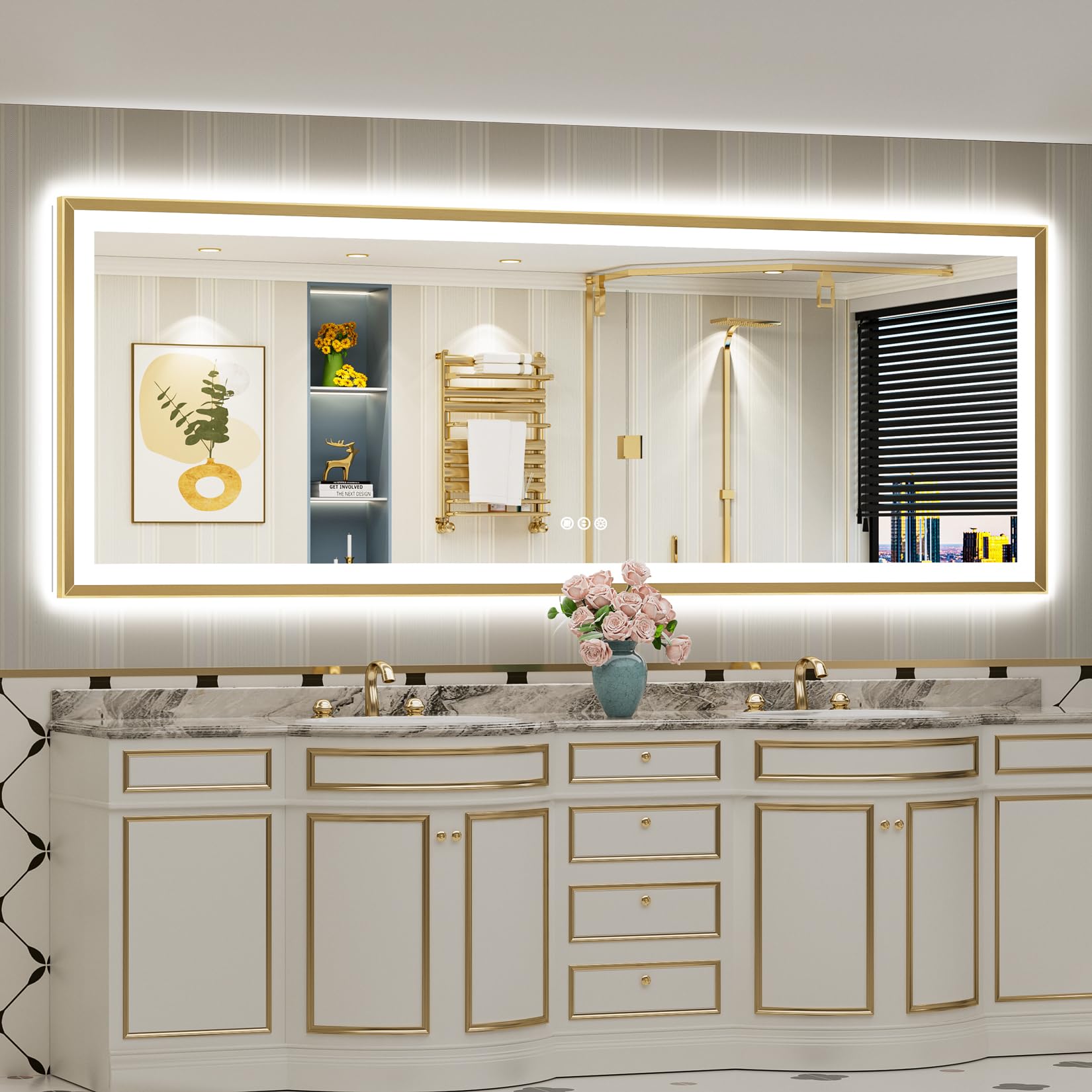 24x36 Gold Beveled LED Bathroom Mirror with Lights, Brushed Gold Framed Backlit and Front Lit Anti-Fog Lighted Vanity Mirrors for Bathroom Wall, Dimmable, 3 Colors, Memory, HD Tempered Glass