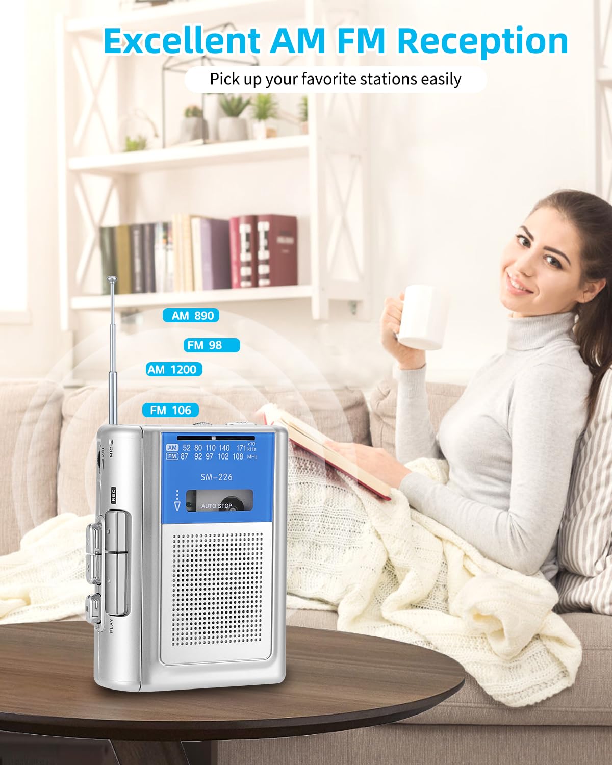 SEMIER Small Cassette Player Recorder, Portable AM FM Vintage Tape Cassette Player with Big Speaker and Headphones, Built-in Microphone, Powered by DC or AA Battery for Walking