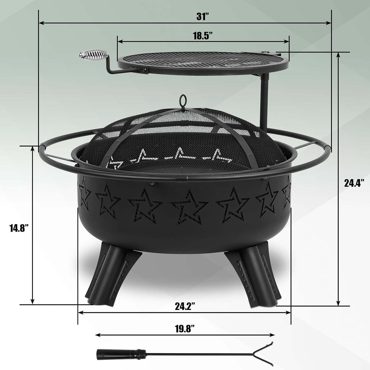 Gbekery 31" 2-in-1 Wood Burning Fire Pit with Swivel BBQ Grills & Spark Screen for Outside - Heavy Duty Outdoor Firepit with Charcoal Pan, Log Rack & Poker - for Backyard, Patio, Garden Bonfire