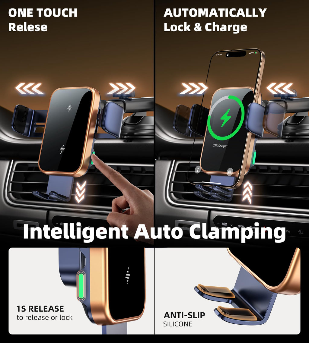 Dual Coil 15W Car Phone Holder Wireless Car Charger -Auto Clamping- Charging Phone Holders for Your Car Dash Vent Windshield, for Flip S25/S24/S23/S22, iPhone 17/16/15/14