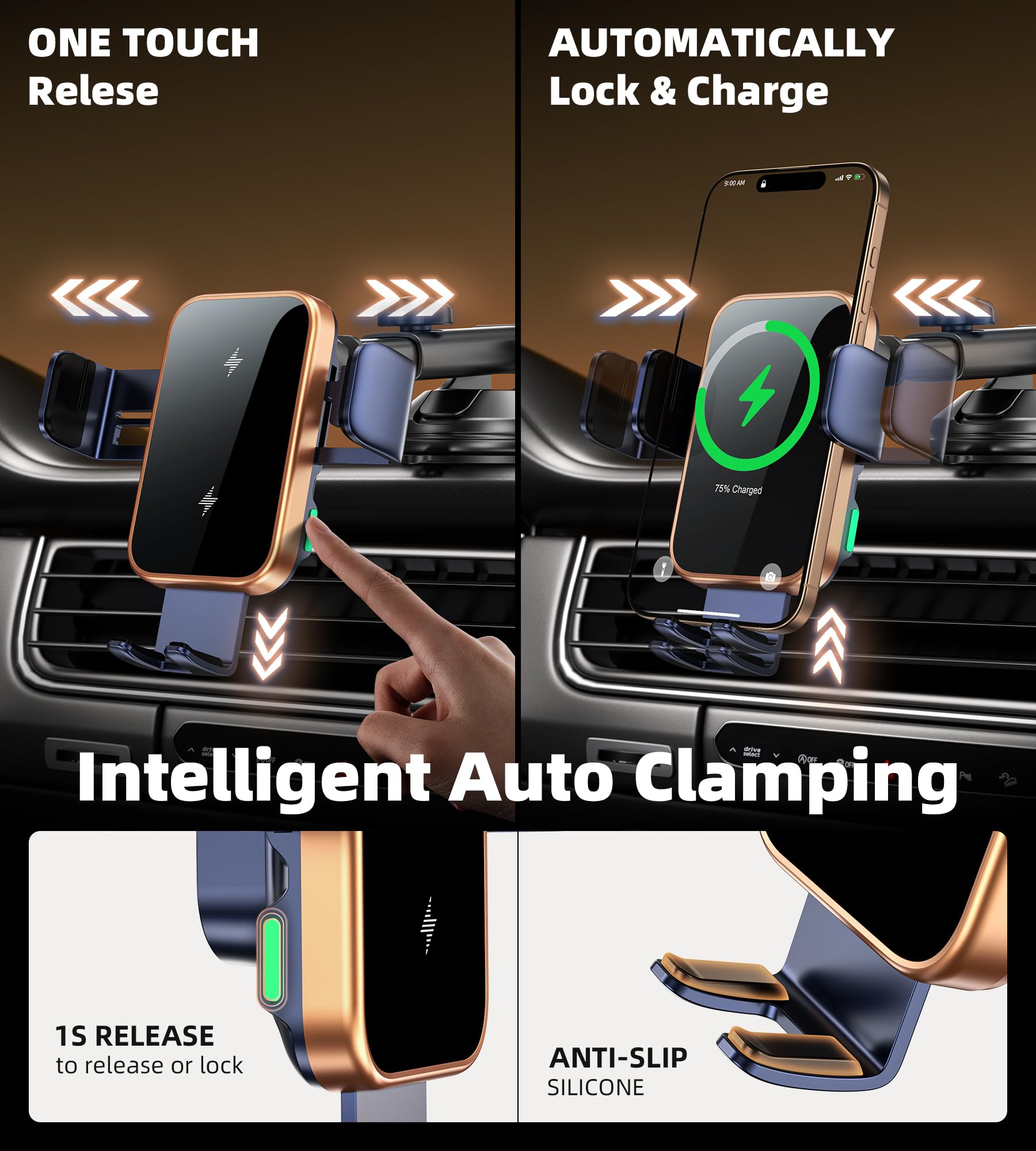 Dual Coil 15W Car Phone Holder Wireless Car Charger -Auto Clamping- Charging Phone Holders for Your Car Dash Vent Windshield, for Flip S25/S24/S23/S22, iPhone 17/16/15/14