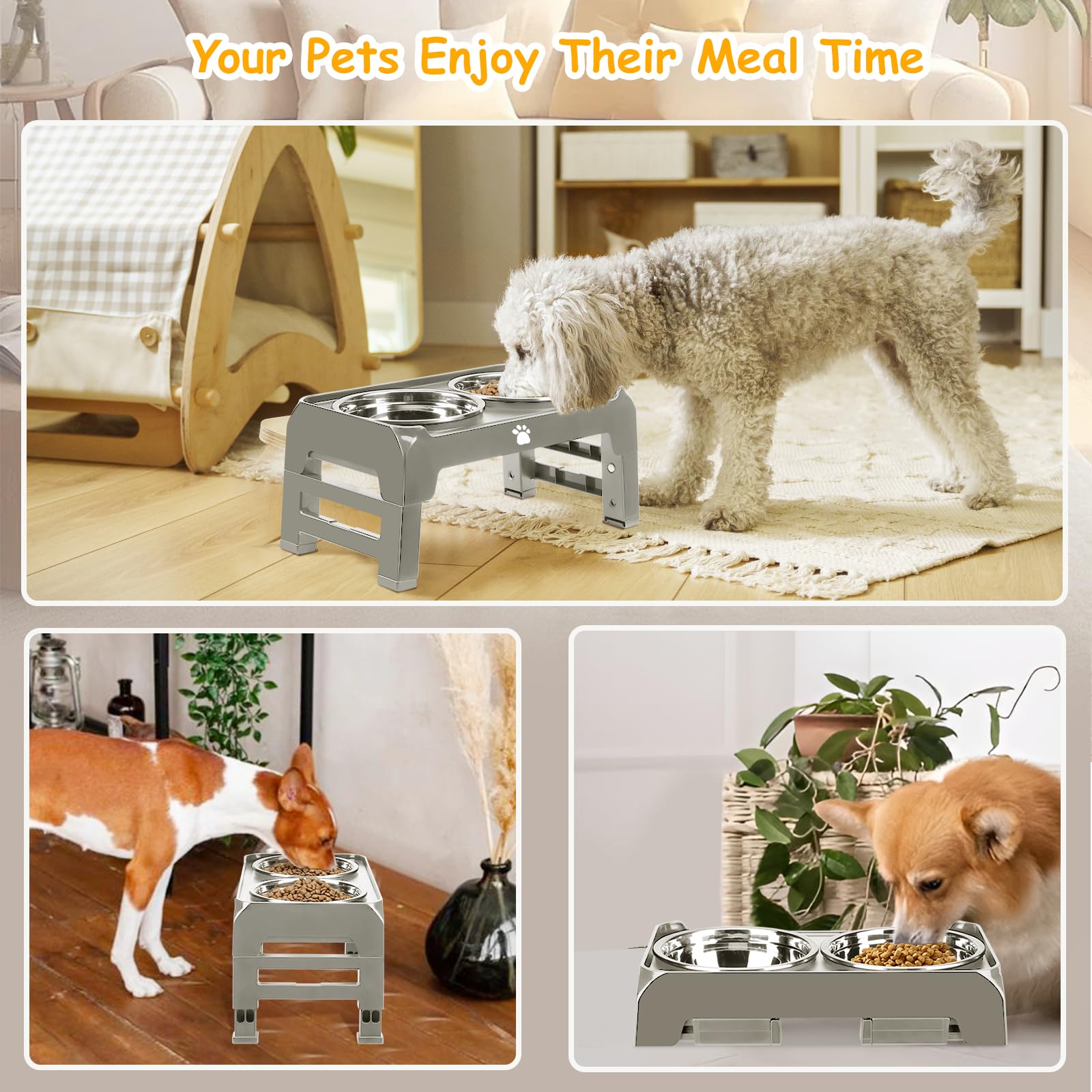 Elevated Dog Bowls 3 Height Adjustable Raised Bowl Stand with 25oz Stainless Steel Dog Food Bowls Anti-Slip for Small Dogs Adjusts to 7.5", 6", 2.75", Black