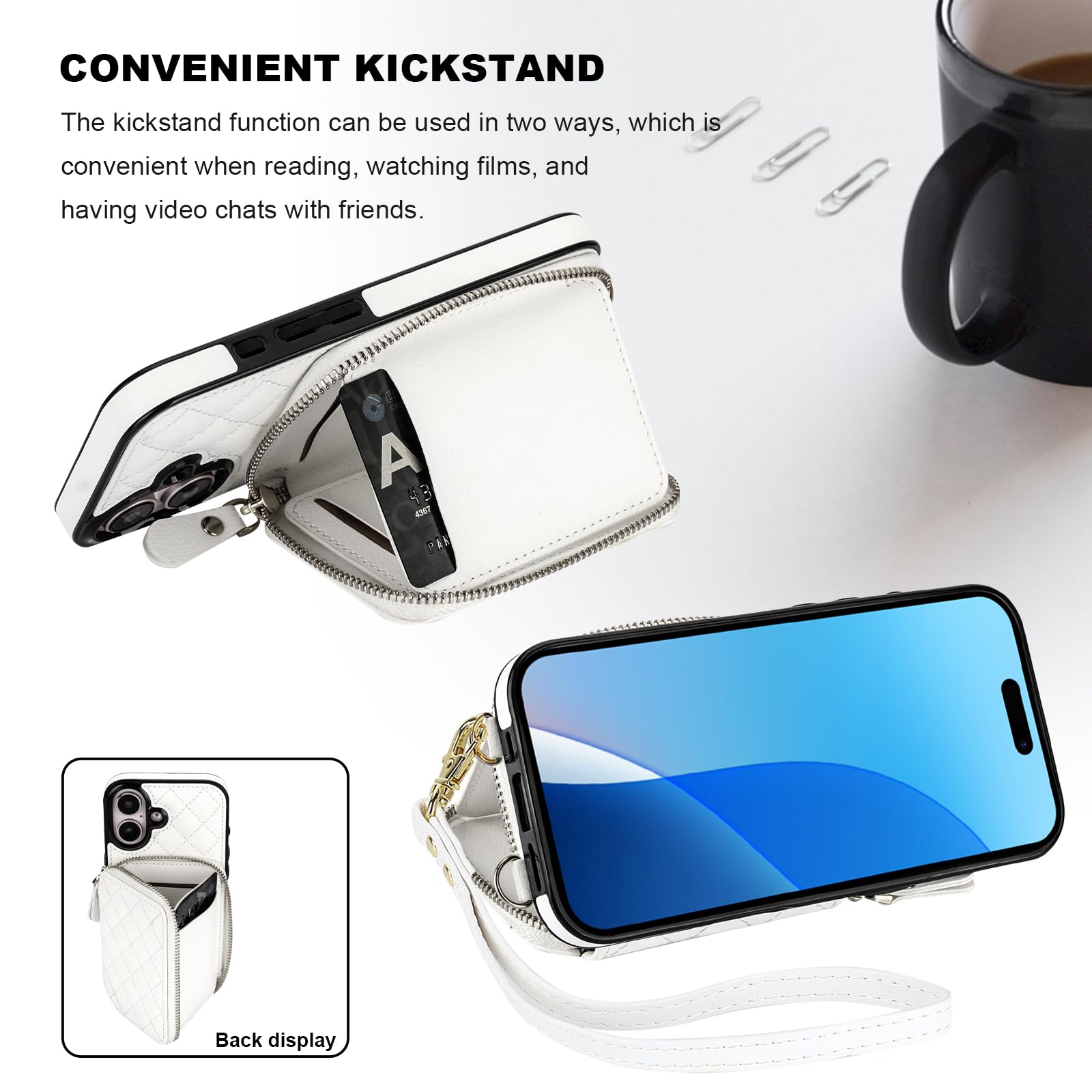 Bocasal Crossbody Wallet Case for iPhone 16, RFID Blocking PU Leather Zipper Handbag Purse Flip Cover, Kickstand Folio Case with Card Slots Holder Wrist Strap Lanyard 5G 6.1 Inch (Black)