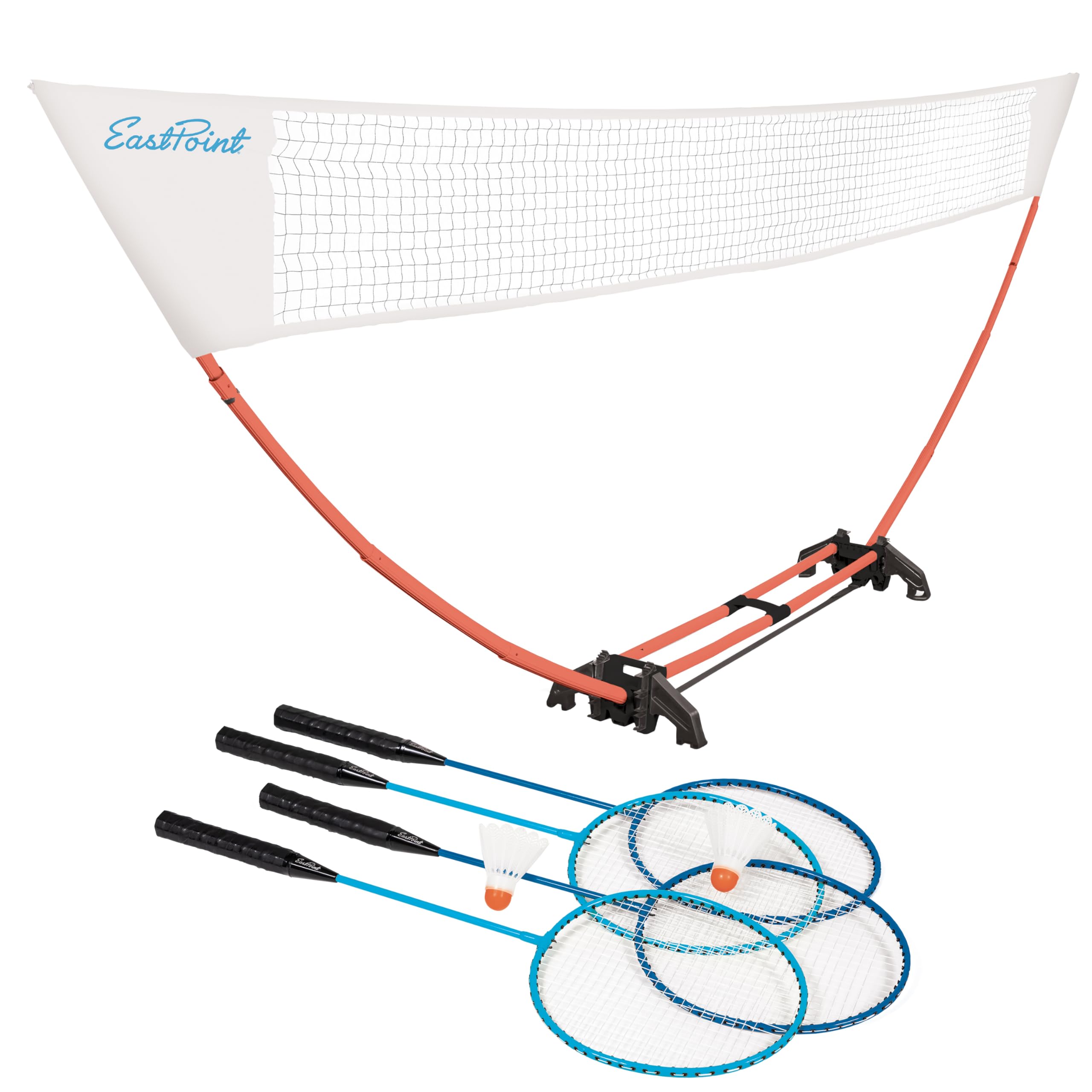 EastPoint Easy Setup Badminton Set - 15 ft Net, 4 Rackets, 2 Shuttlecocks - Quick Setup Net for Backyard Games - Steel Shaft Badminton Rackets for Family Games - Durable Shuttlecocks for Outdoors