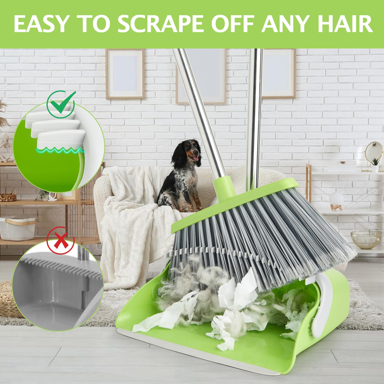 Broom and Dustpan Set with Long Handle, Heavy Dust Broom and Dustpan Combo for Home，Kitchen, Office, Pet Hair(Beige)