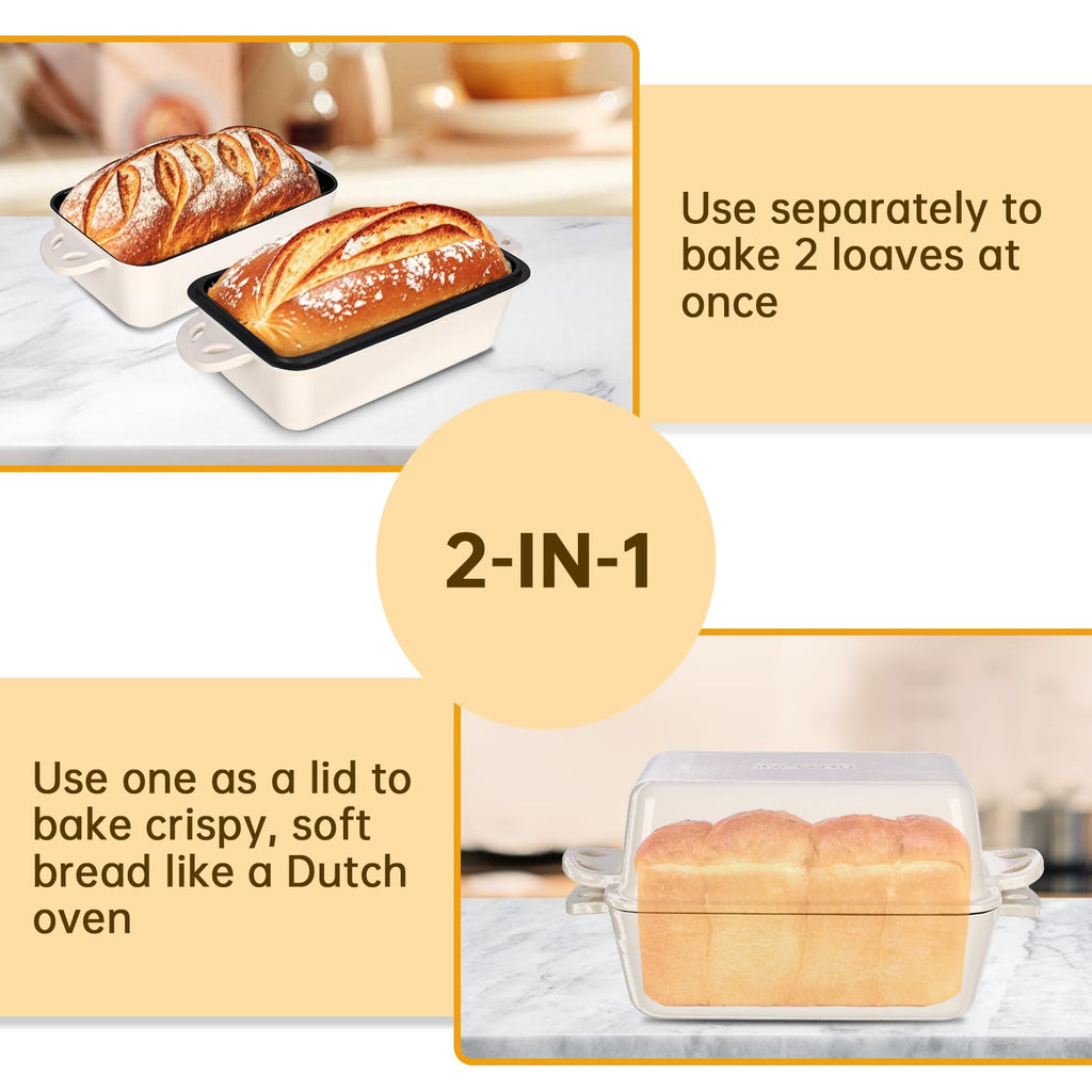 AILITOR 9x5 Enameled Cast Iron Loaf Pan with Lid - 2 in 1 Sourdough Bread Pan for Homemade Baking
