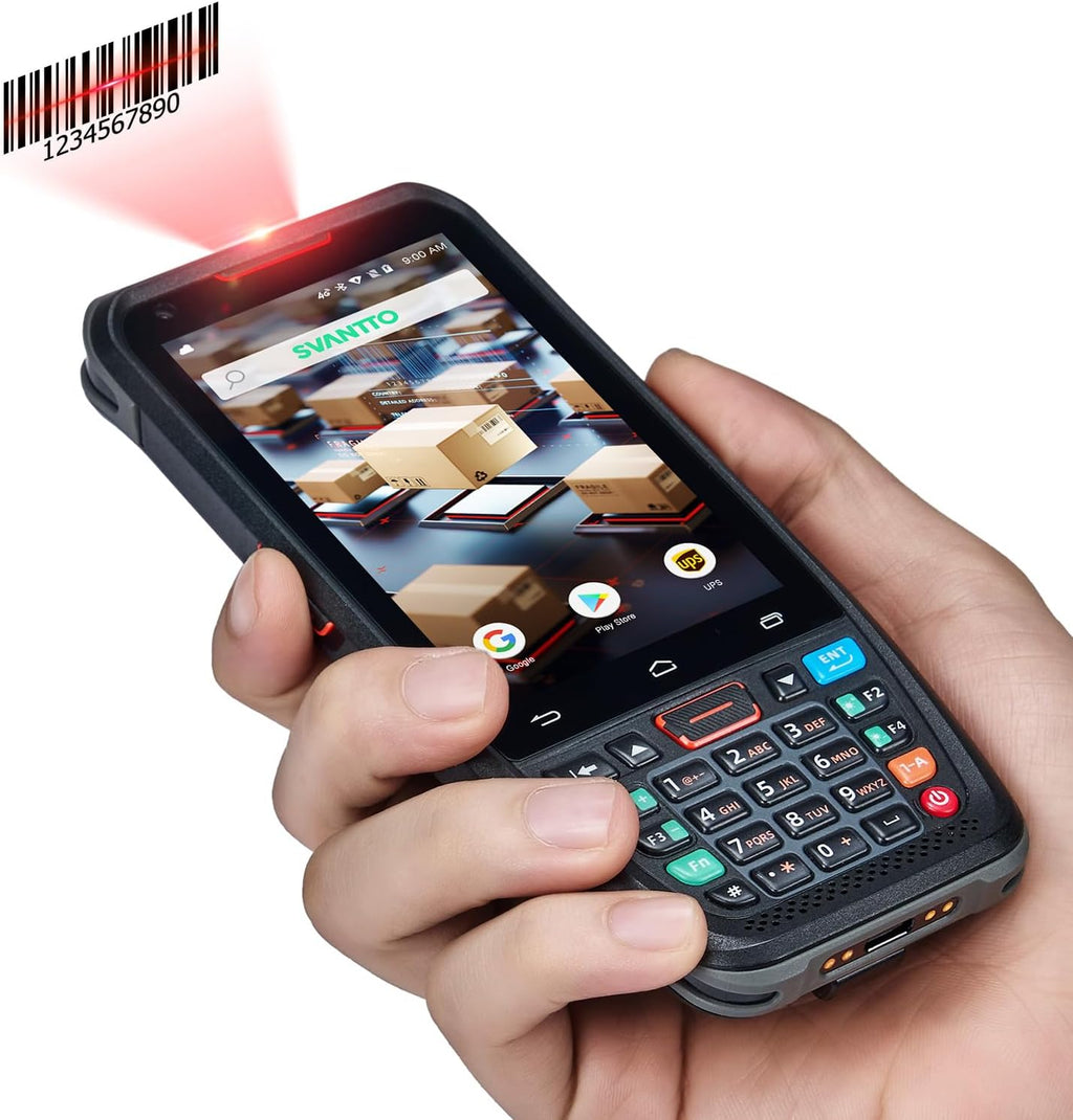 SVANTTO Android Barcode Scanner, Android 13 Handheld Computer, 1D/2D/QR Barcode Scanner, 2/3/4G WiFi BT 5.0 Communication, 4” Touch Screen Handheld Data Terminal for Warehouse Retail Inventory