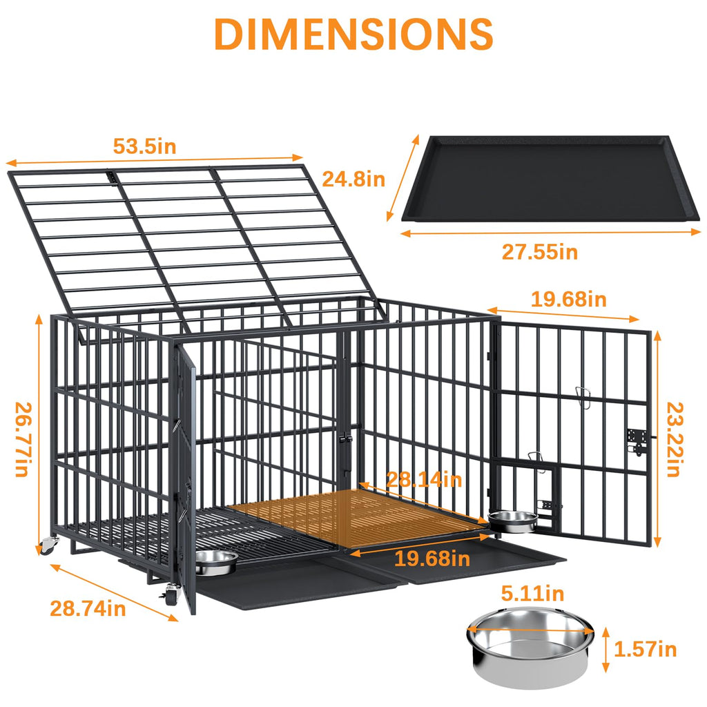 Dosker 42 inch Heavy Duty Metal Dog Crate with Divider for 2 Dogs/Large Dog, All Metal Open Top Escape Proof Cage, Indoor Dog Kennel with Wheels, Floor Grid, Tray, Feeding Bowl