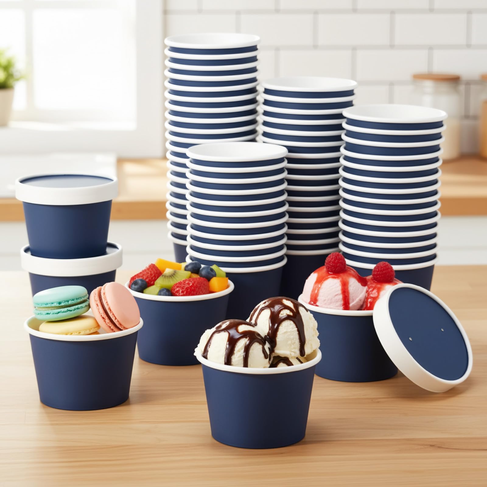 Fulmoon 100 Pack Paper Soup Containers with Lids Disposable Paper Food Containers with Vented Lid Kraft Ice Cream Cake Dessert Cups Soup Bowl for Party Hot Food Fruit Microwave(4 oz,Brown)