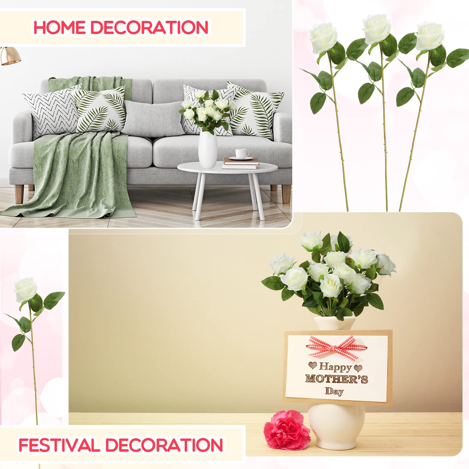 Jexine 100 Pieces Artificial Roses Flowers Bulk, Long Stem Realistic Fake Silk Roses Bouquet for Table Centerpiece Vases Wedding Party Kitchen Decor(Beige)