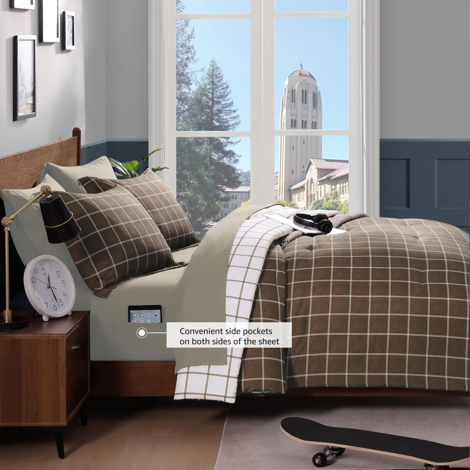 AMBERSPACE Plaid Twin XL Comforter Set Black, Reversible Checkered Bedding Set 5 Pieces for Boys Girls Teen, Lightweight Bed in a Bag for Dorm with Sheets, Pillowcase & Sham
