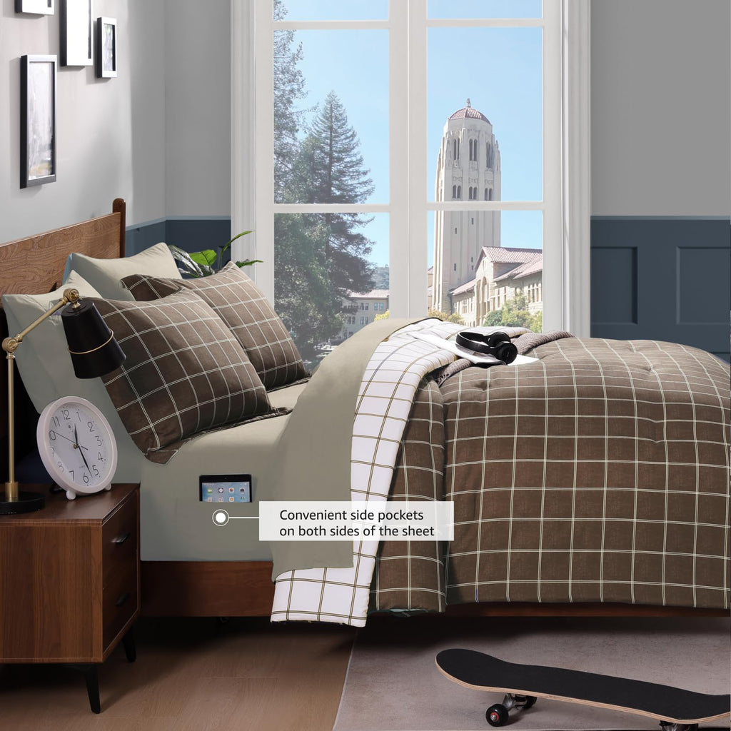 AMBERSPACE Plaid Twin XL Comforter Set Black, Reversible Checkered Bedding Set 5 Pieces for Boys Girls Teen, Lightweight Bed in a Bag for Dorm with Sheets, Pillowcase & Sham