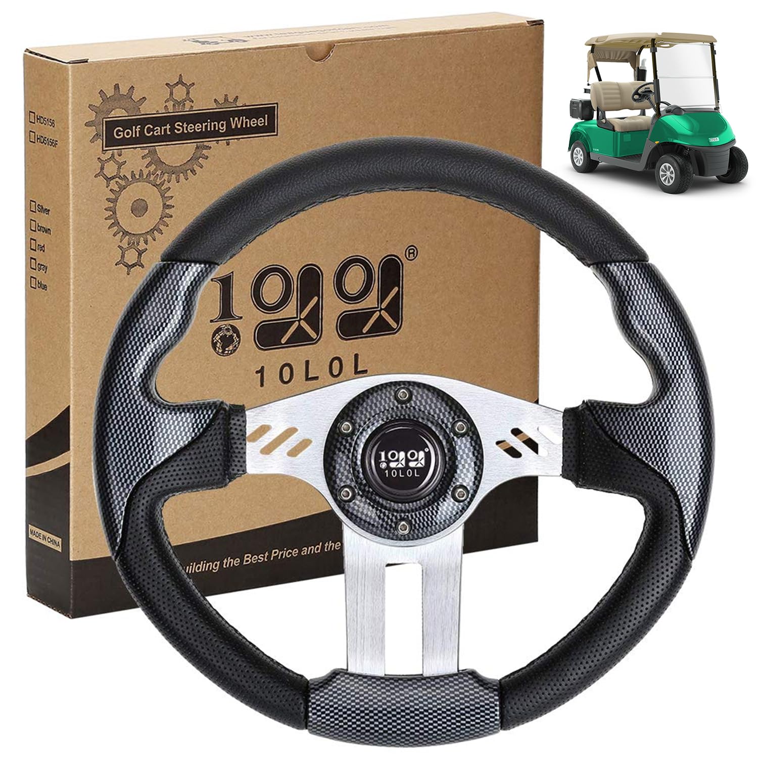 10L0L Golf Cart Steering Wheel, 13' Universal Fit for EZGO TXT/RXV, Club Car DS/Precedent, Yamaha G2-G29 (Carbon Black)