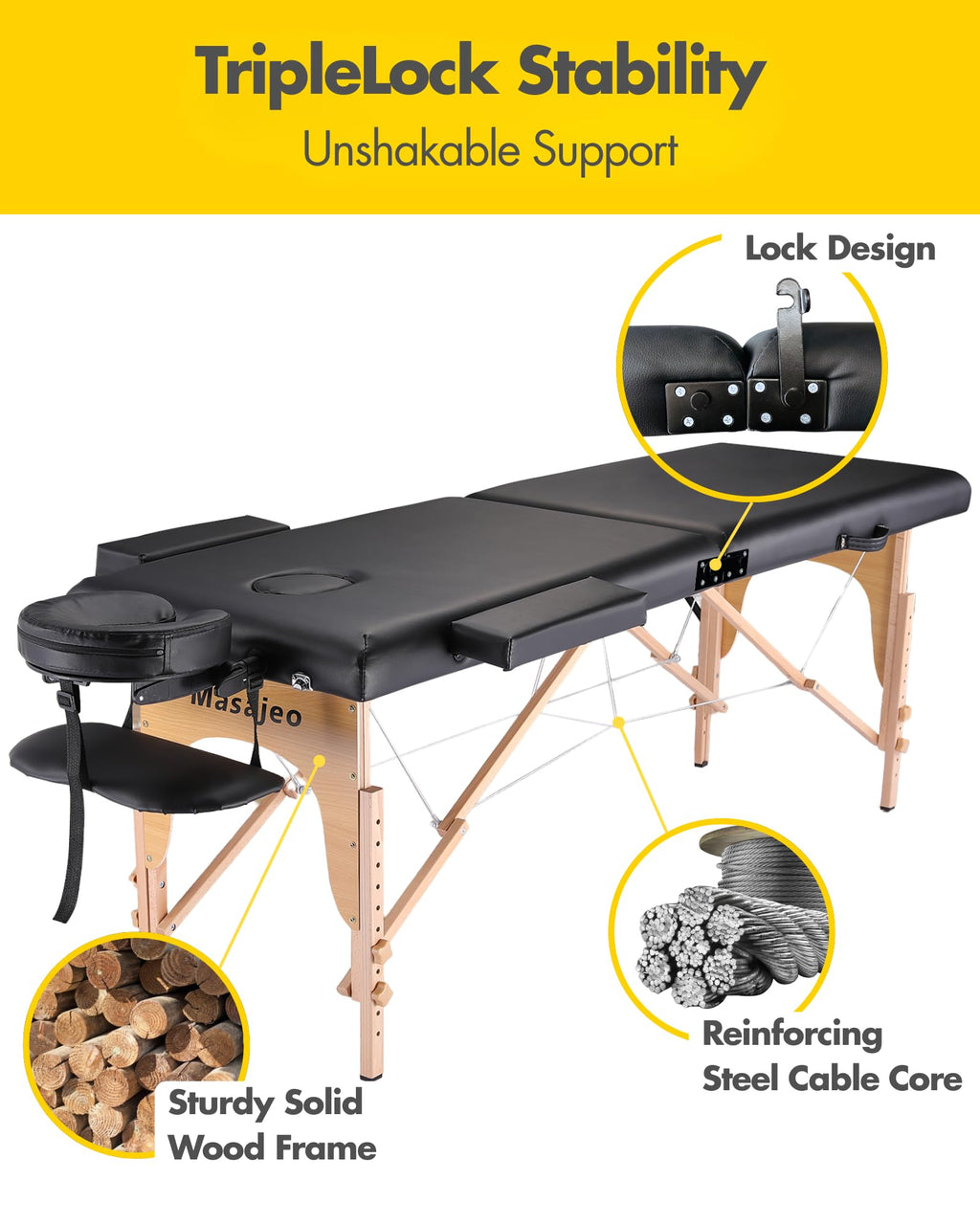 Portable Massage Table Massage Bed Professional SPA Reiki Eyelash Salon Bed, Wooden Frame Height Adjustment Accessories, Black (3-Section)