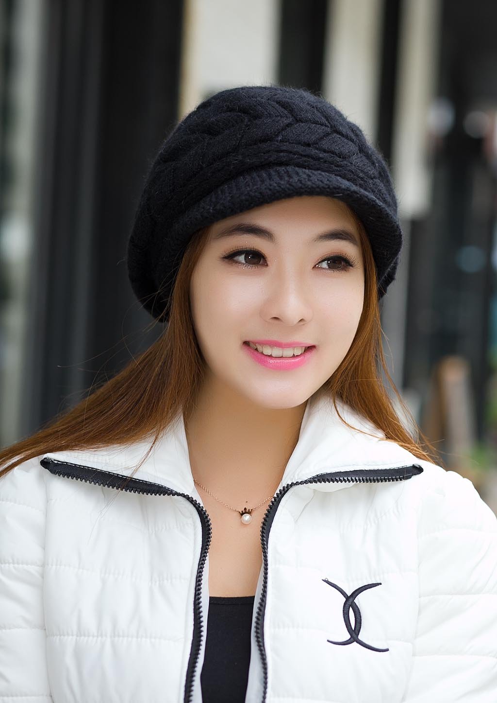Women Winter Warm Knit Hat Wool Snow Ski Caps with Visor