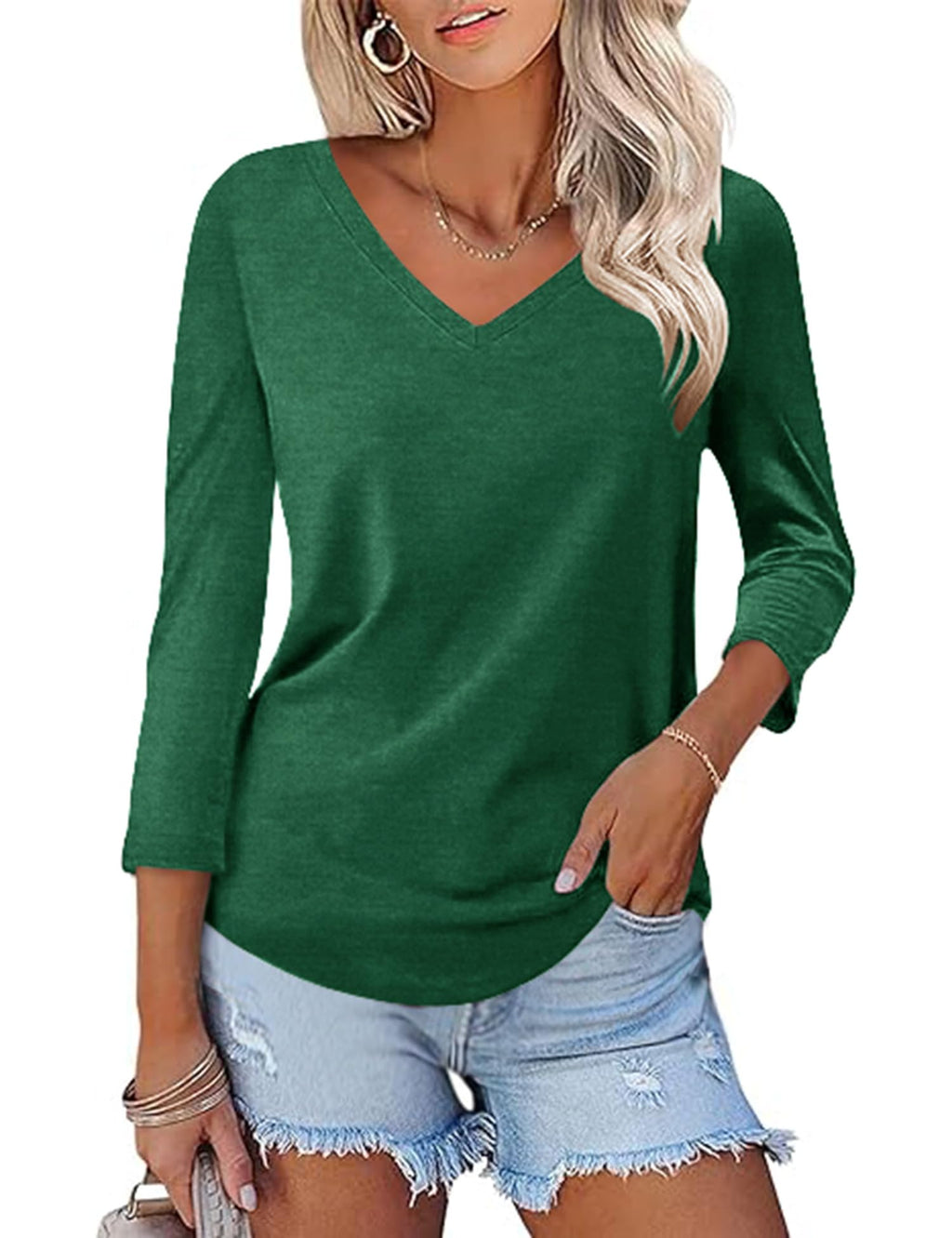 KTILG Women's V Neck T Shirts 3/4 Sleeve Blouse Summer Tops Dressy Casual Solid Basic Tees