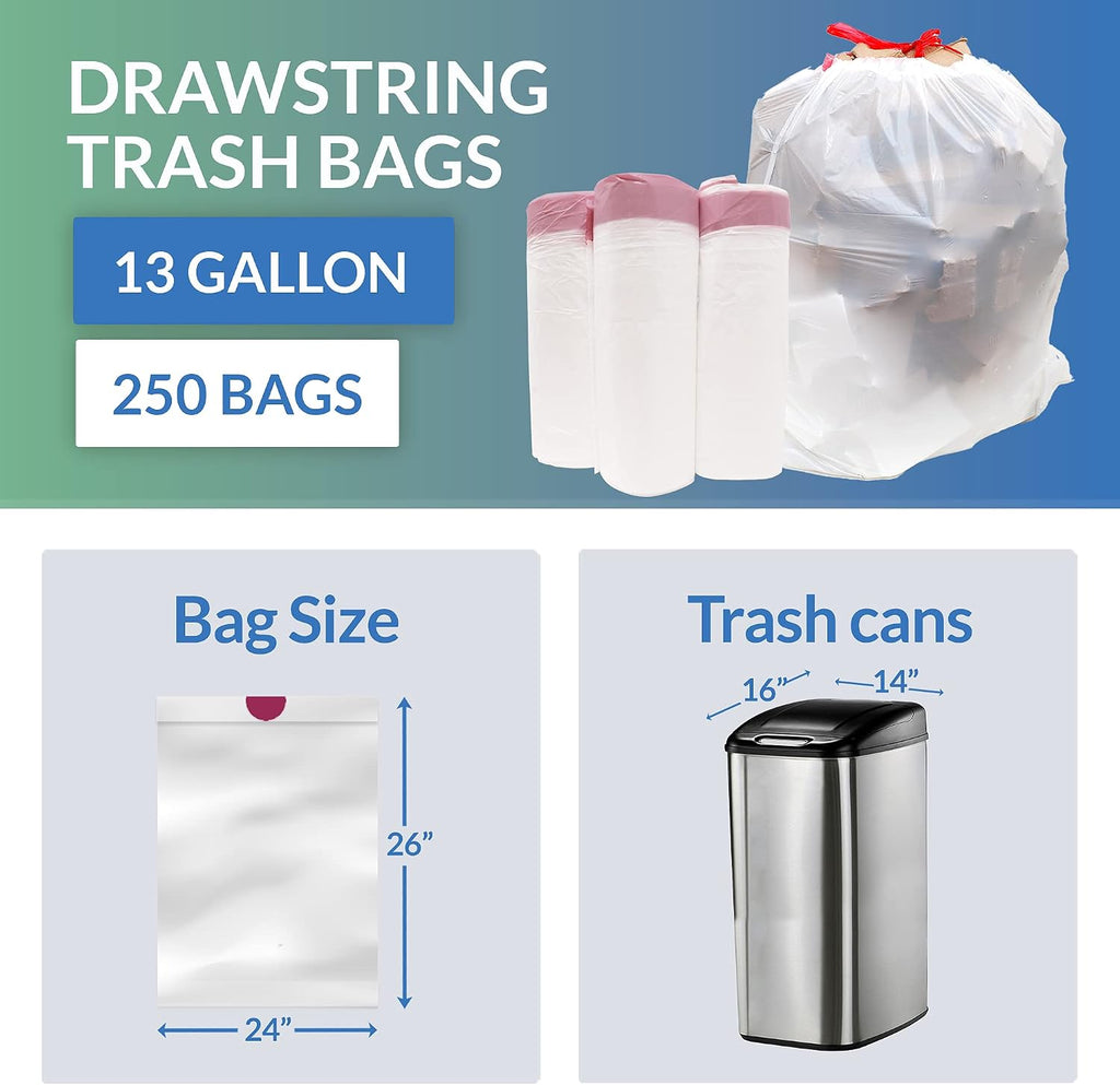 Reli. Drawstring Trash Garbage Bags, Tall Kitchen, 250 Count Bulk, White, 13 Gallon - 16 Gallon Capacity