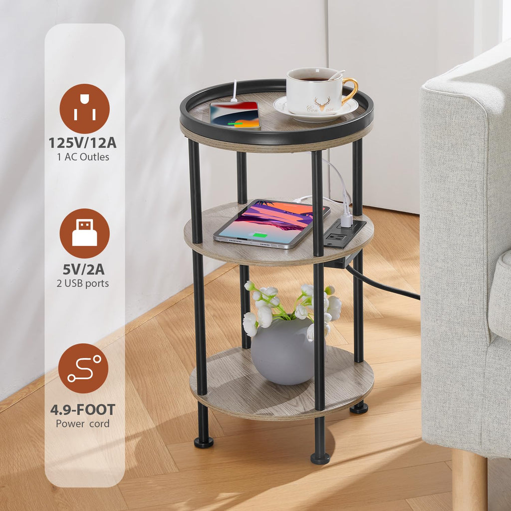 Small Round Side Table with Charging Station for Small Spaces, 3-Tier Accent Table with USB Ports & Power Outlets, Sofa Corner Tea Table for Living Room Nightstand Bedroom Apartment (Black)