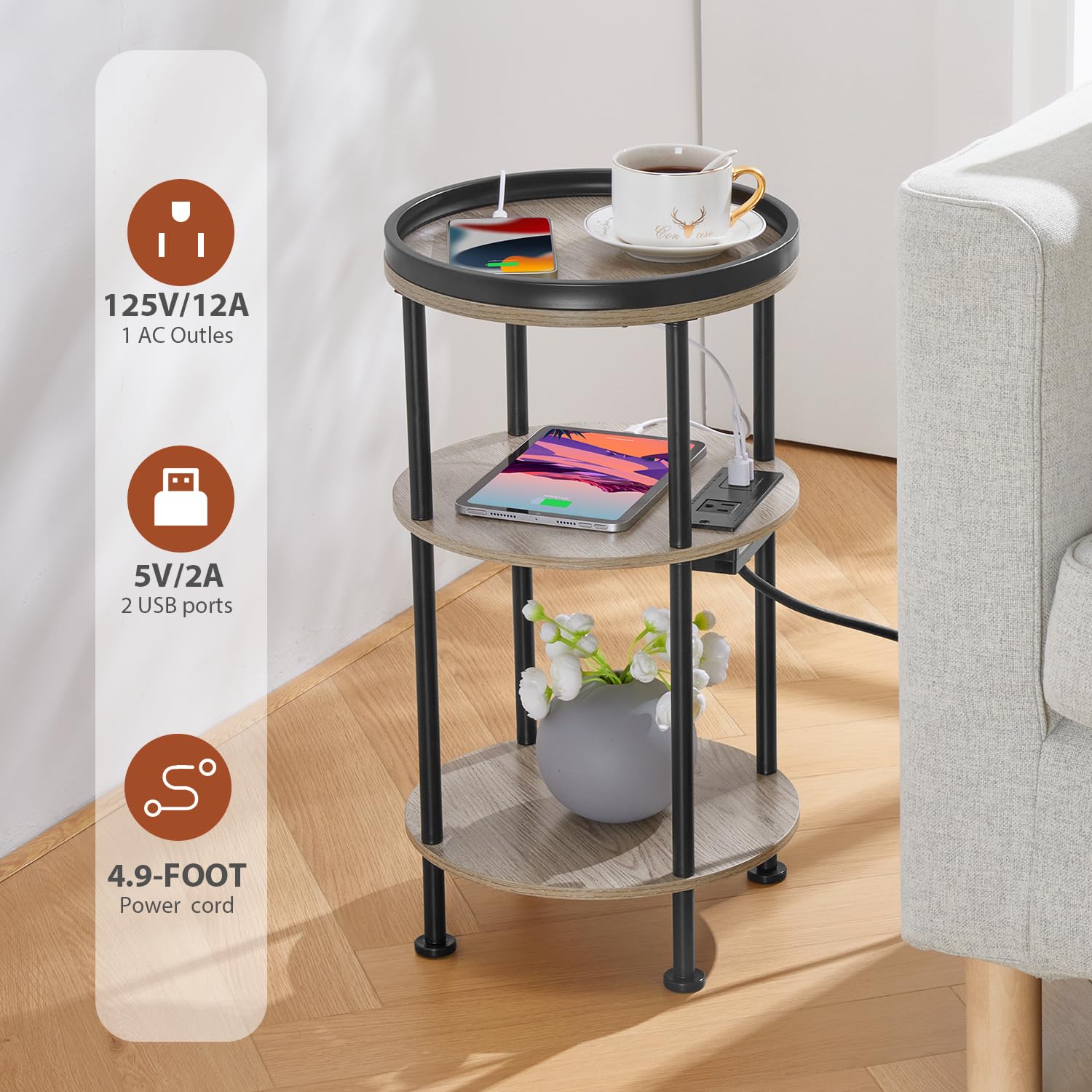 Small Round Side Table with Charging Station for Small Spaces, 3-Tier Accent Table with USB Ports & Power Outlets, Sofa Corner Tea Table for Living Room Nightstand Bedroom Apartment (Black)