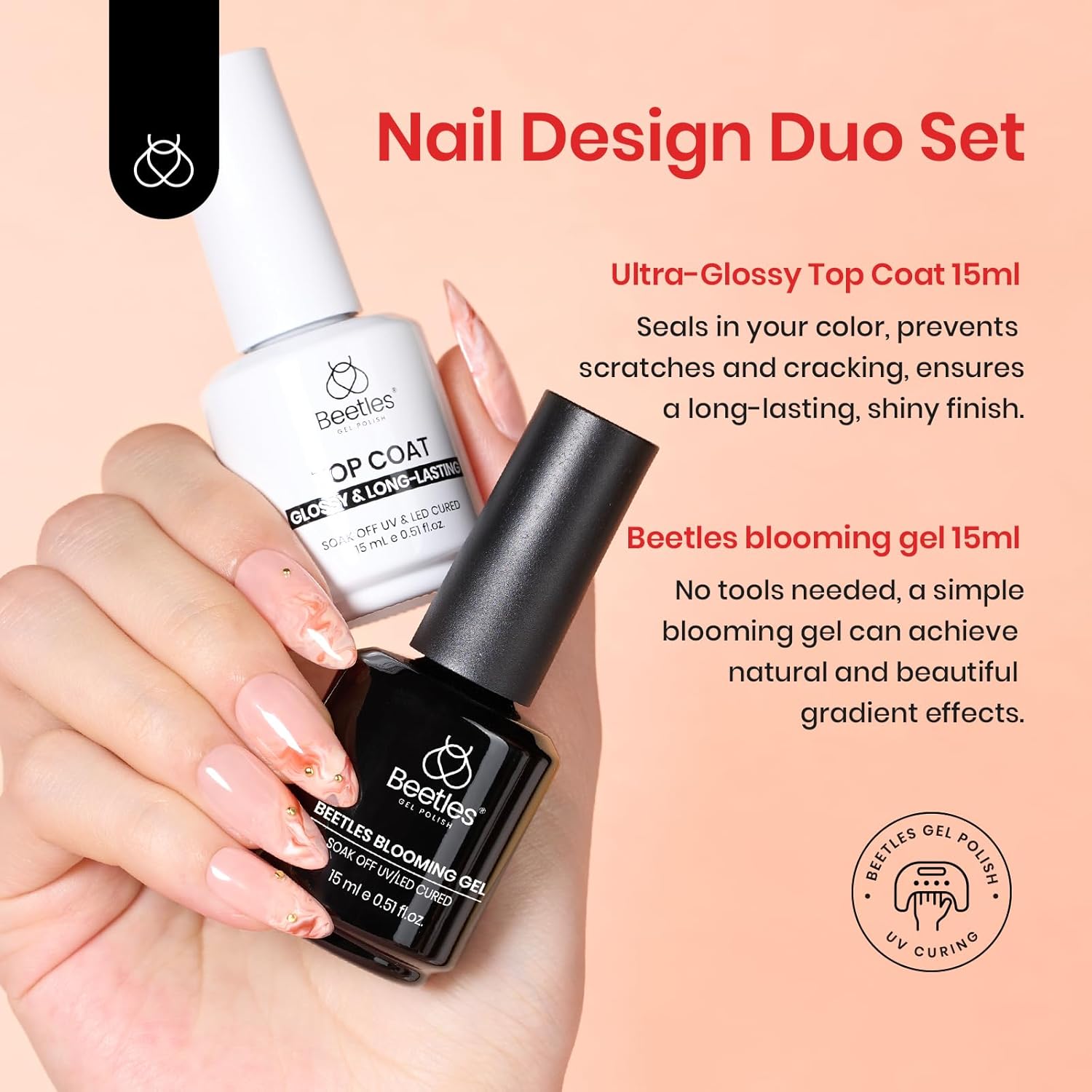 Beetles 2Pcs 15ml Gel Base and Top Coat Set - Upgrade No Wipe Extra Glossy Top Coat Finish for Gel Nail Polish, Soak Off UV/LED Lamp Needed, Essentials for Long-Lasting Manicure Kit