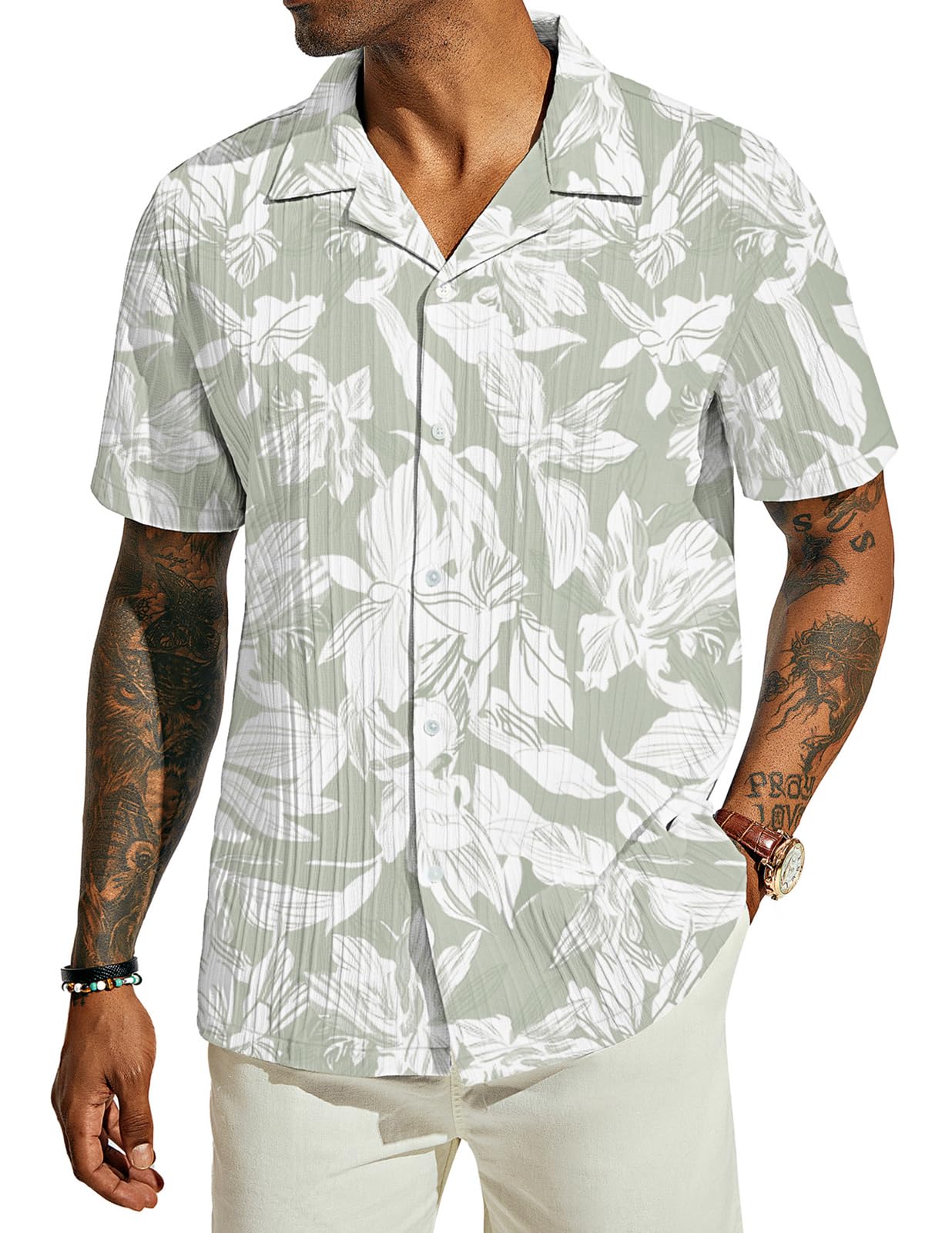 PJ PAUL JONES Men's Casual Button Down Shirts - Short Sleeve Summer Textured Beach Wrinkle-Free Shirts
