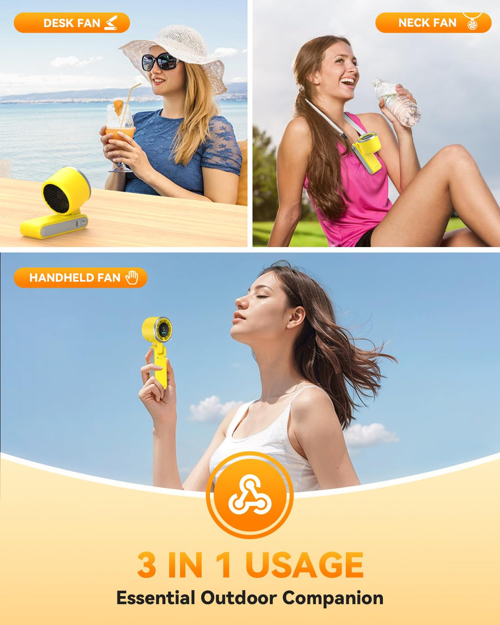 PlayHot Portable Handheld Turbo Fan, 5 Gear Wind, USB-C Rechargeable Fan, Up to 12 Working Hours, 3 IN 1 Hand Fans with Air Turbo Tech Cooling Fan for Outdoor Activities, Travel, Beach (Black)