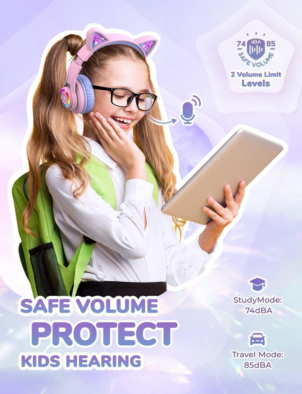 iClever Cat Ear Kids Bluetooth Headphones, LED Lights Up, 74/85dBA Safe Volume Limited, 50H Playtime,Bluetooth 5.2, USB C,Kids Headphones Wireless Over Ear for Travel iPad Tablet, Meow Macaron-Purple