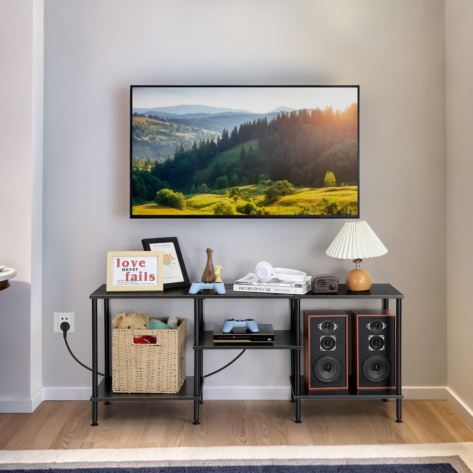 OYEAL Black Bedroom TV Stand with Power Outlets up to 50 inch TV, Small Entertainment Center Stand with Storage Modern Media TV Console Table for Living Room Bedroom